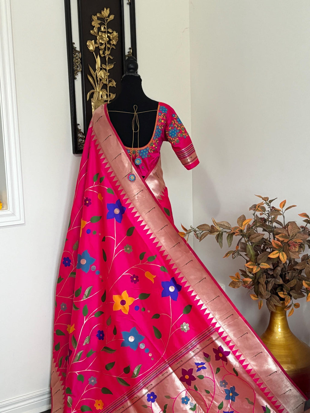 Beautiful pythani pure silk saree with all over floral design  ready to wear Maggam work blouse fit up to 32 to 46