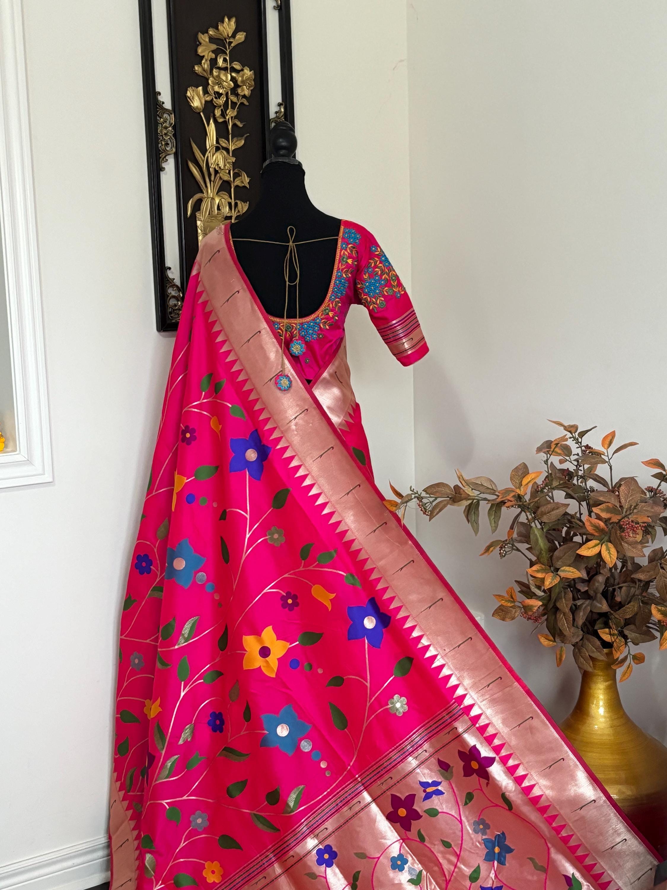 Beautiful pythani pure silk saree with all over floral design  ready to wear Maggam work blouse fit up to 32 to 46