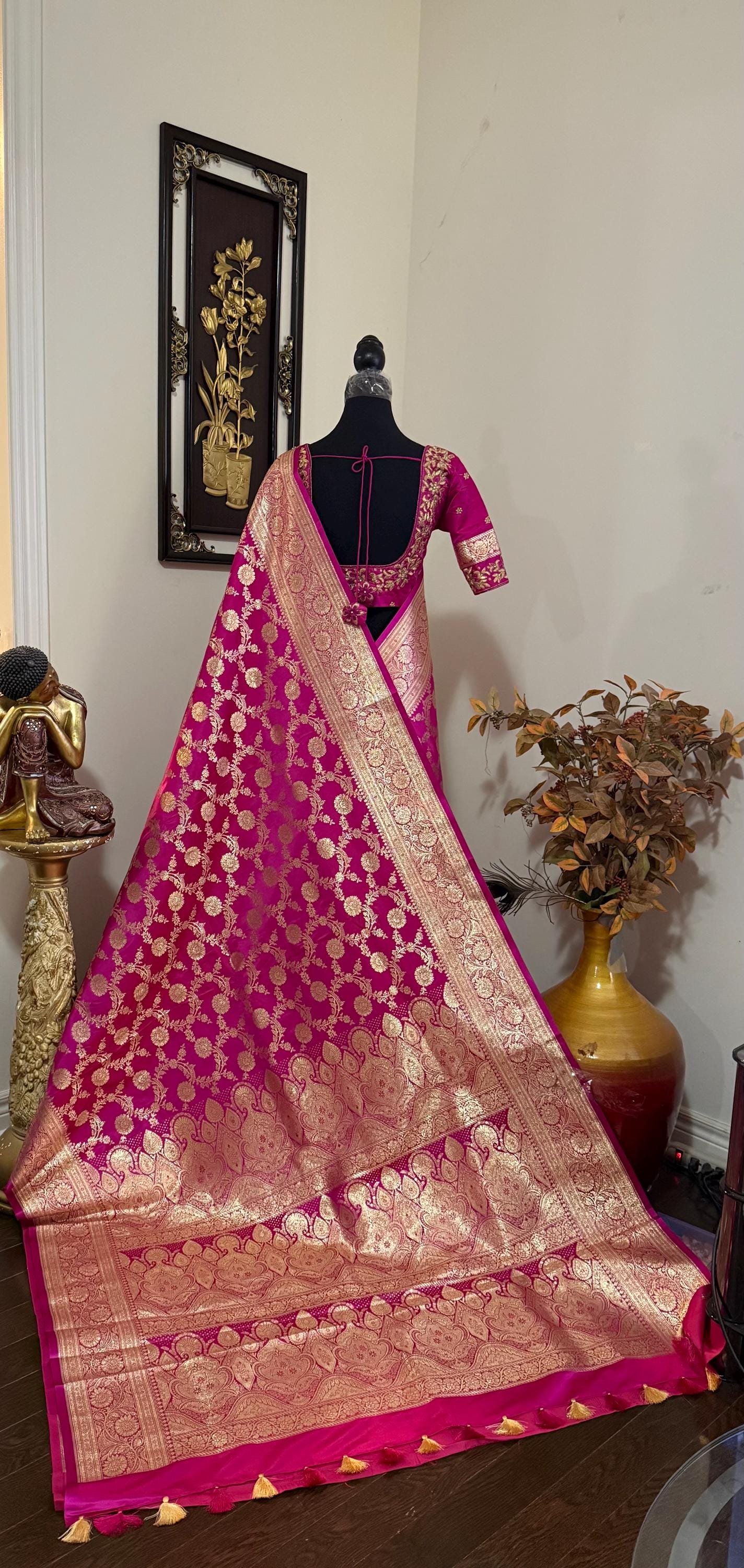 Royal Banarasi Silk Saree in Magenta Pink Ready-to-Wear Premium Edition ready to wear Blouse 34 to 46 size
