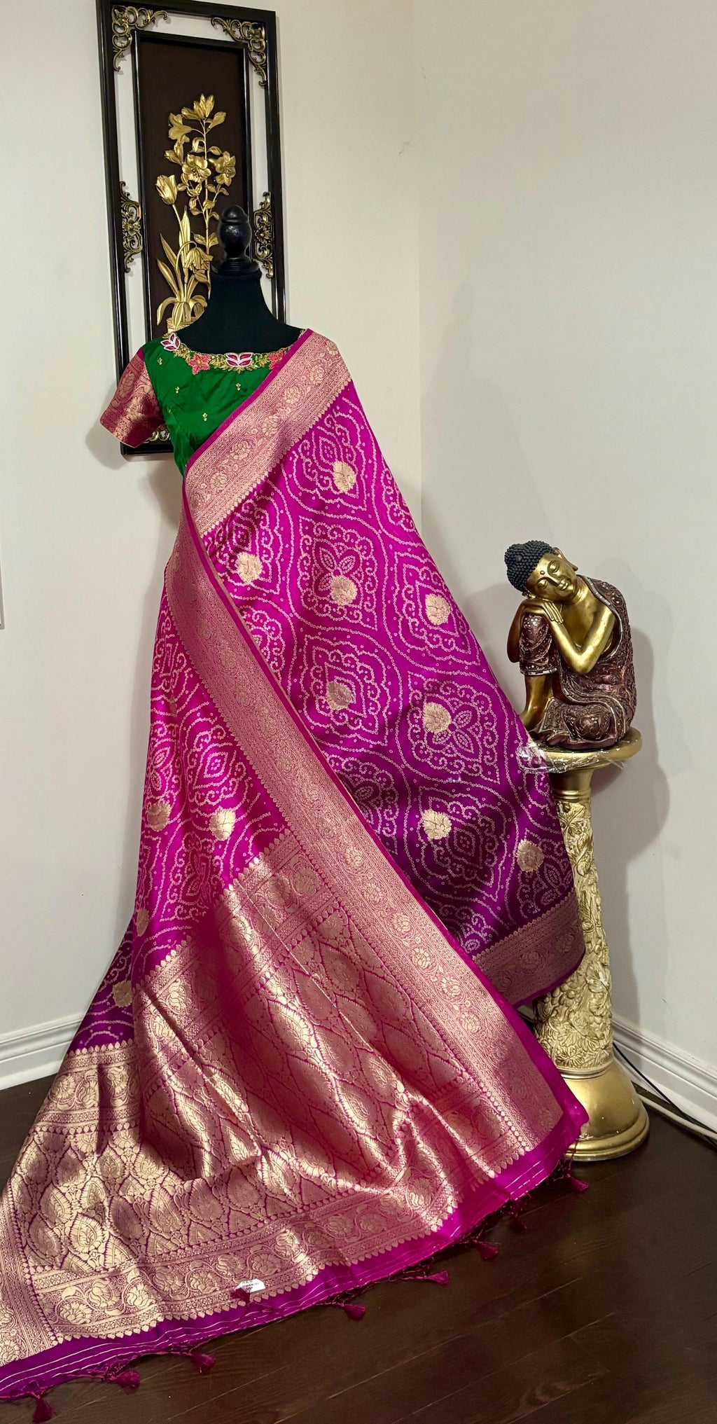 Beautiful cocktail dual shade banarasi  bandhini silk saree paired up pretty maggam blouse fits  sizes 32 -46 ready to wear prettiest blouse