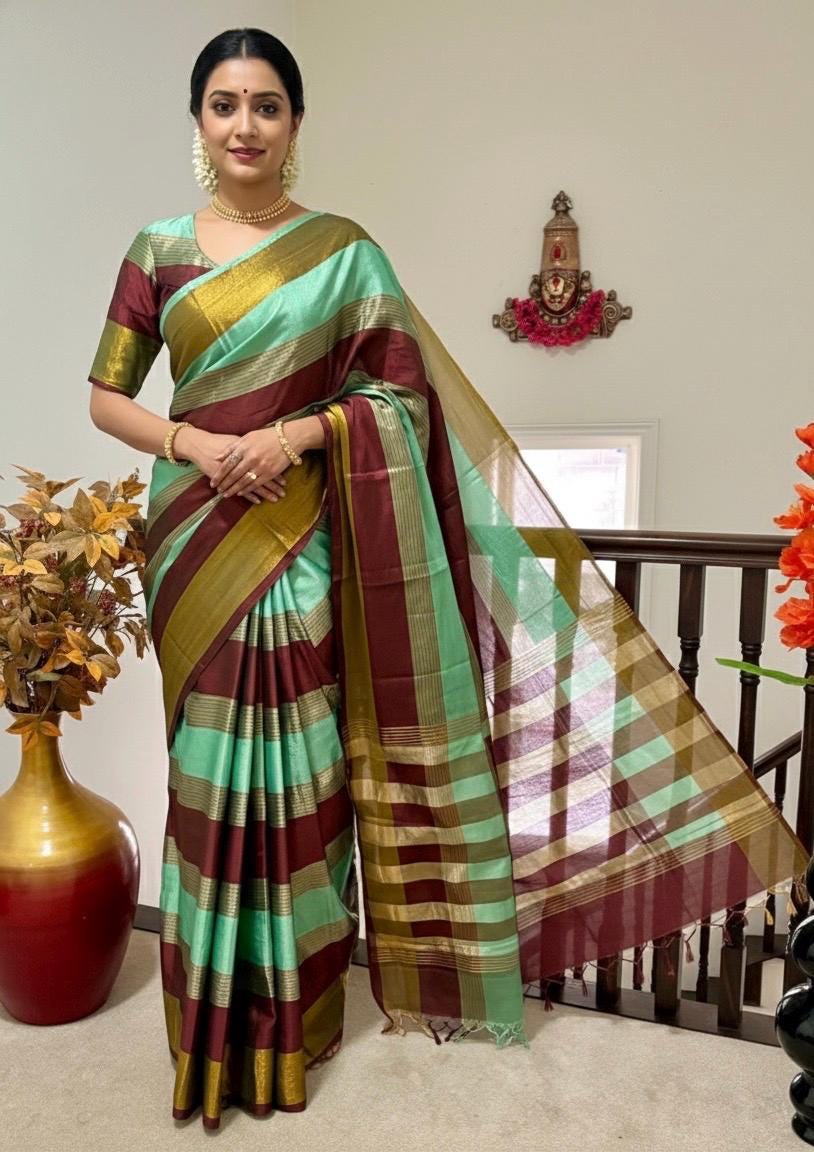 Beautiful  Banarasi Organza with elbow length  ready to wear designer blouse fit to 32 to 44