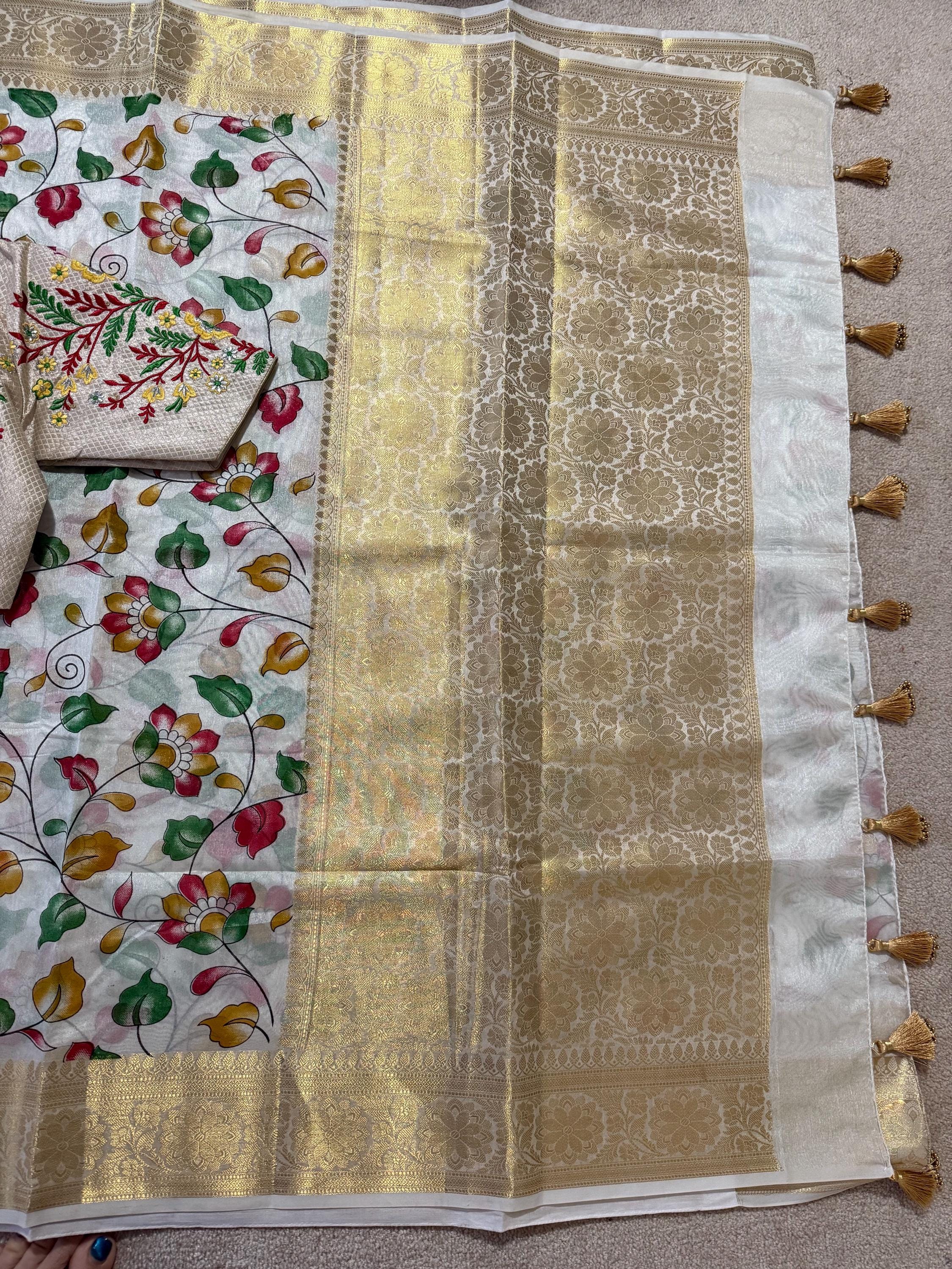 Beautiful soft cream color mango silk saeee with kalamkari saree along with embroided blouse ready to wear