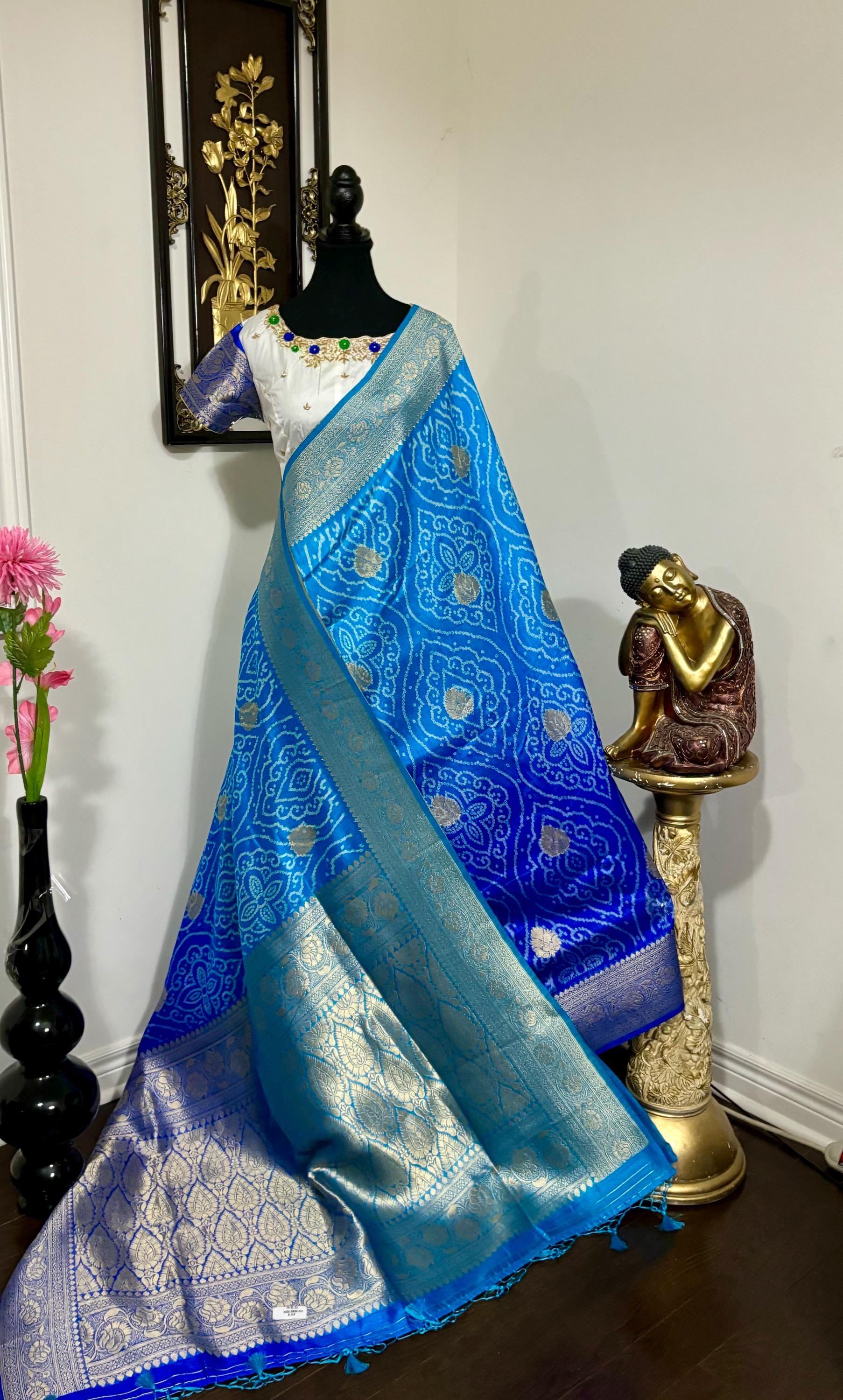 Beautiful cocktail dual shade  bandini silk saree paired up pretty maggam blouse fits  sizes 32 -46 ready to wear prettiest blouse
