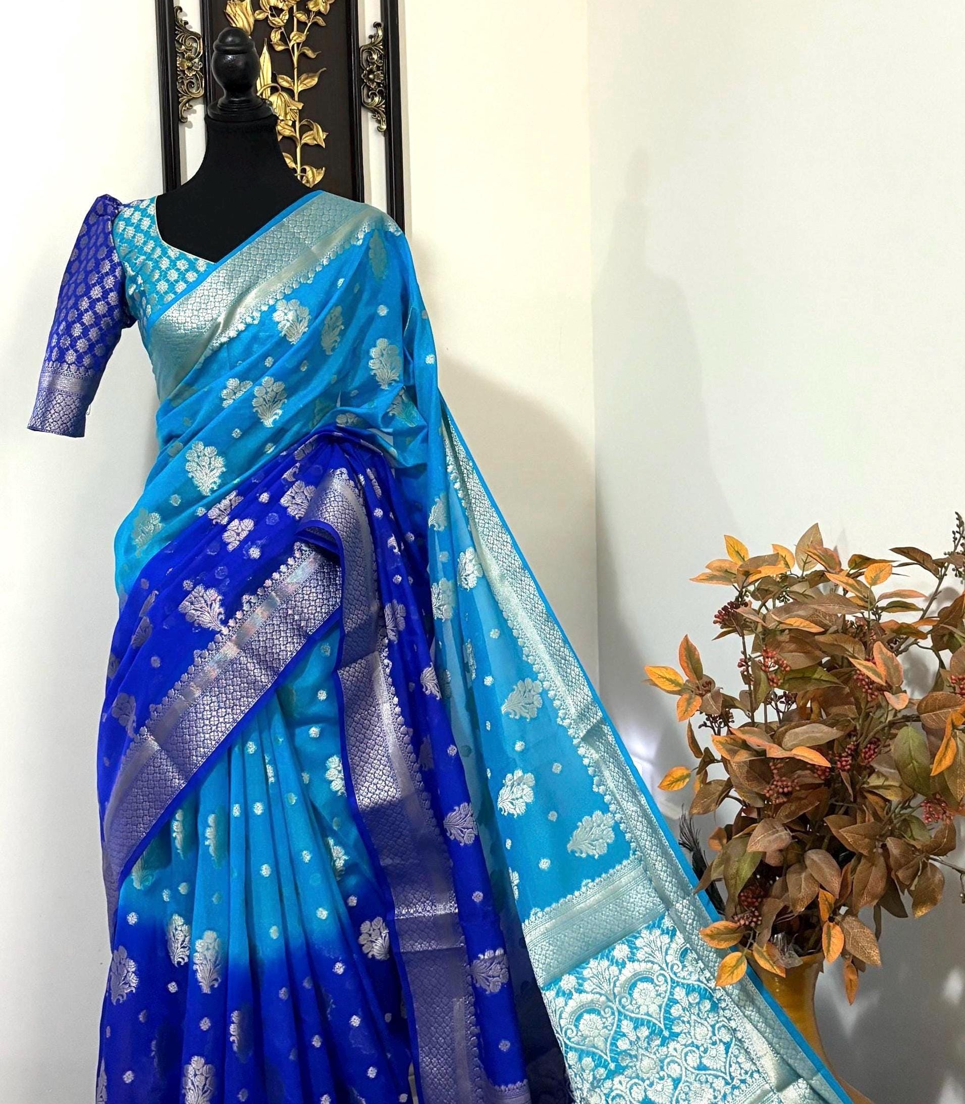 Banarasi dual shade handloom khadi georgette silk saree all over beautiful water zari weaving beautiful combinations, any color possible