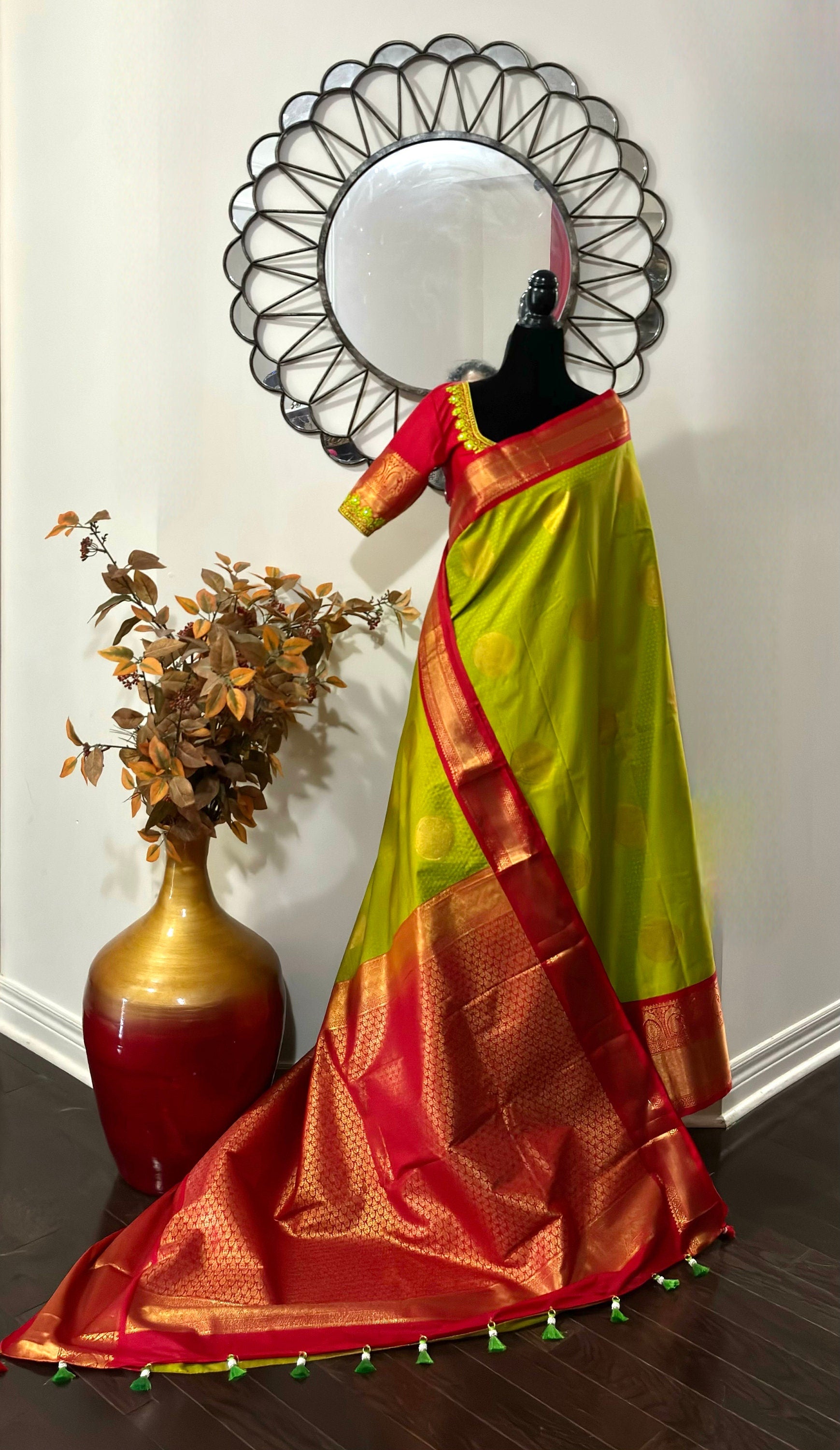 Kanchipuram soft silk saree in rare colors with beautifully done hand  made embroidered blouse with ready to wear work blouse fits 32 to 46