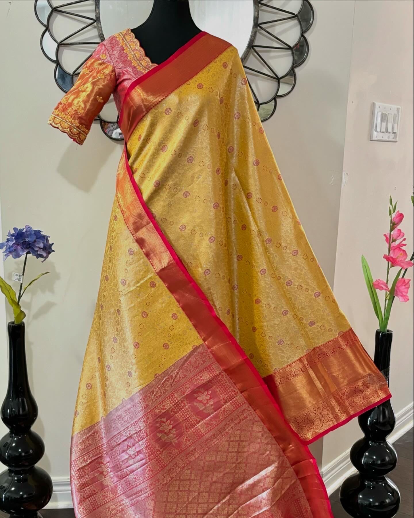 Kanchipuram soft silk saree in rare colors with beautifully done hand  made embroidered blouse with ready to wear work blouse fits 32 to 46