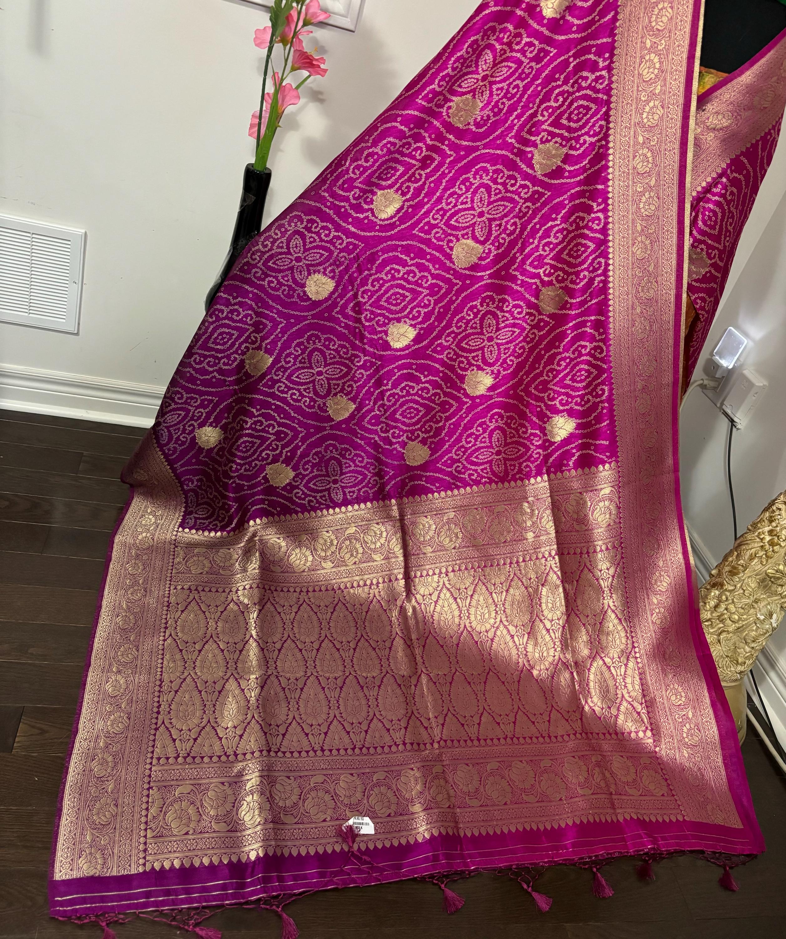 Beautiful cocktail dual shade banarasi  bandhini silk saree paired up pretty maggam blouse fits  sizes 32 -46 ready to wear prettiest blouse
