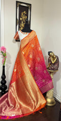 Beautiful cocktail dual shade  bandini silk saree paired up pretty maggam blouse fits  sizes 32 -46 ready to wear prettiest blouse