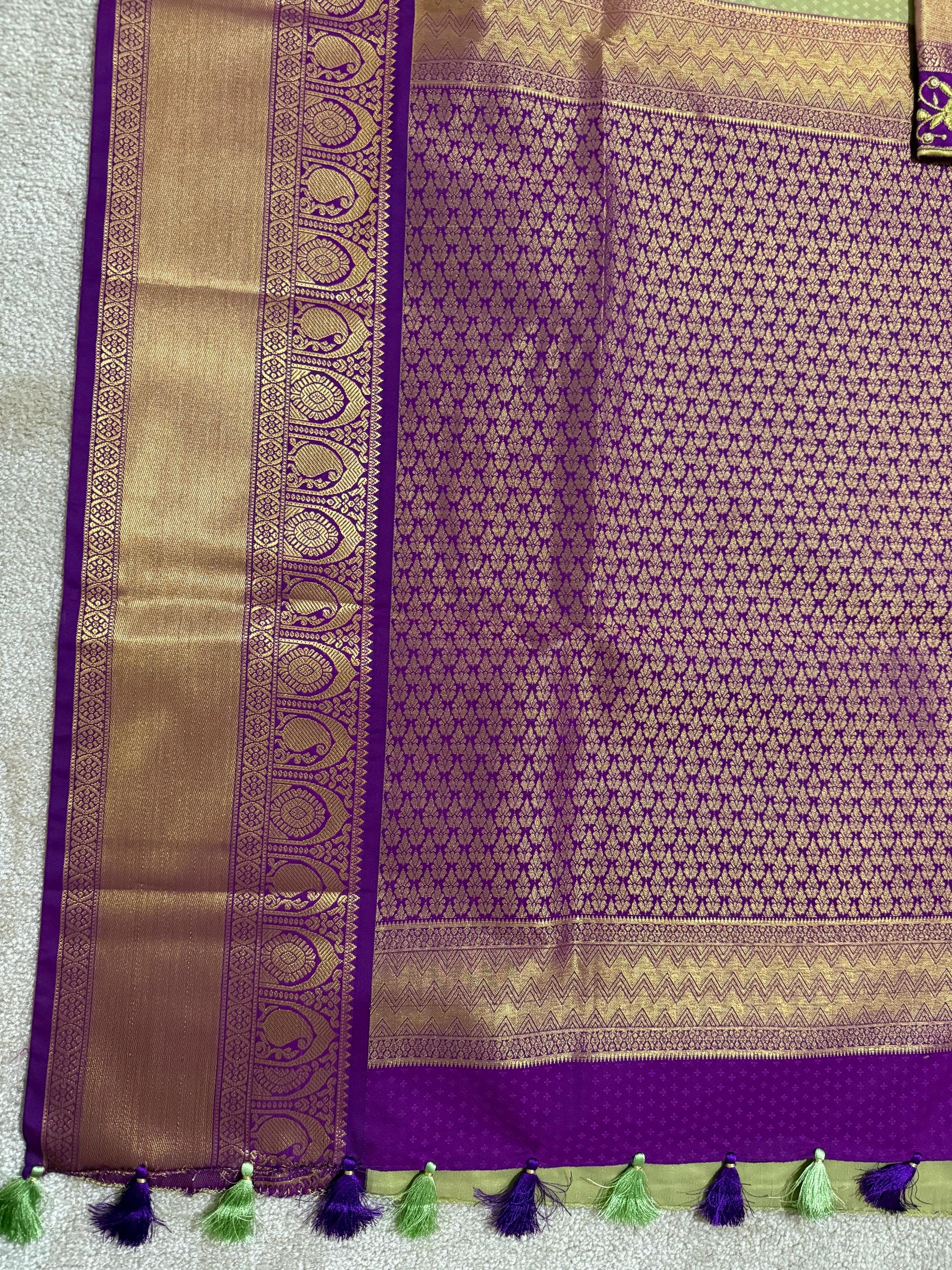 Kanchipuram soft silk saree in rare colors with beautifully done hand  made embroidered blouse with ready to wear work blouse fits 32 to 46