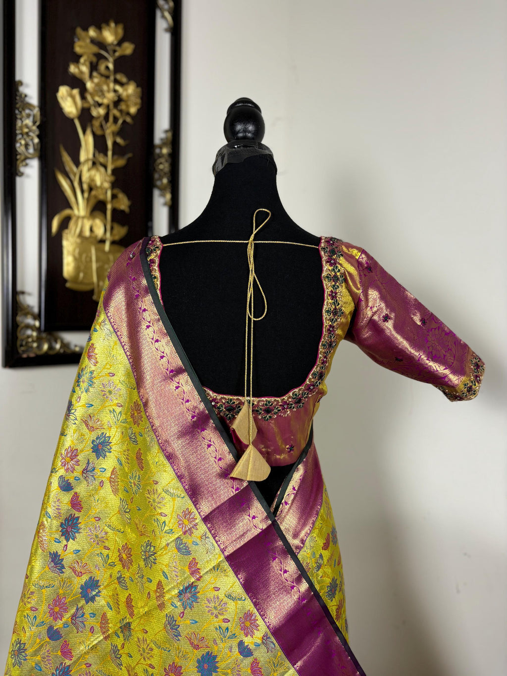 Kanchipuram tissu silk saree in rare colors with beautifully done hand  made embroidered blouse with ready to wear work blouse fits 32 to 46