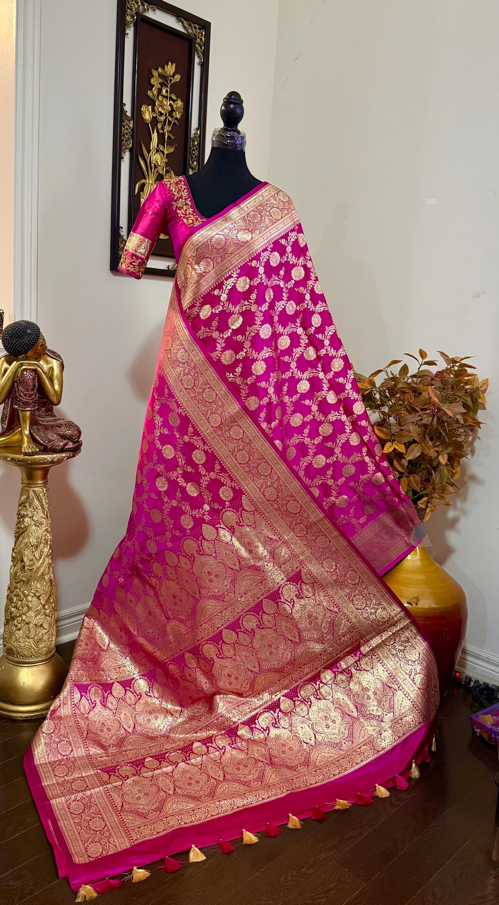 Royal Banarasi Silk Saree in Magenta Pink Ready-to-Wear Premium Edition ready to wear Blouse 34 to 46 size