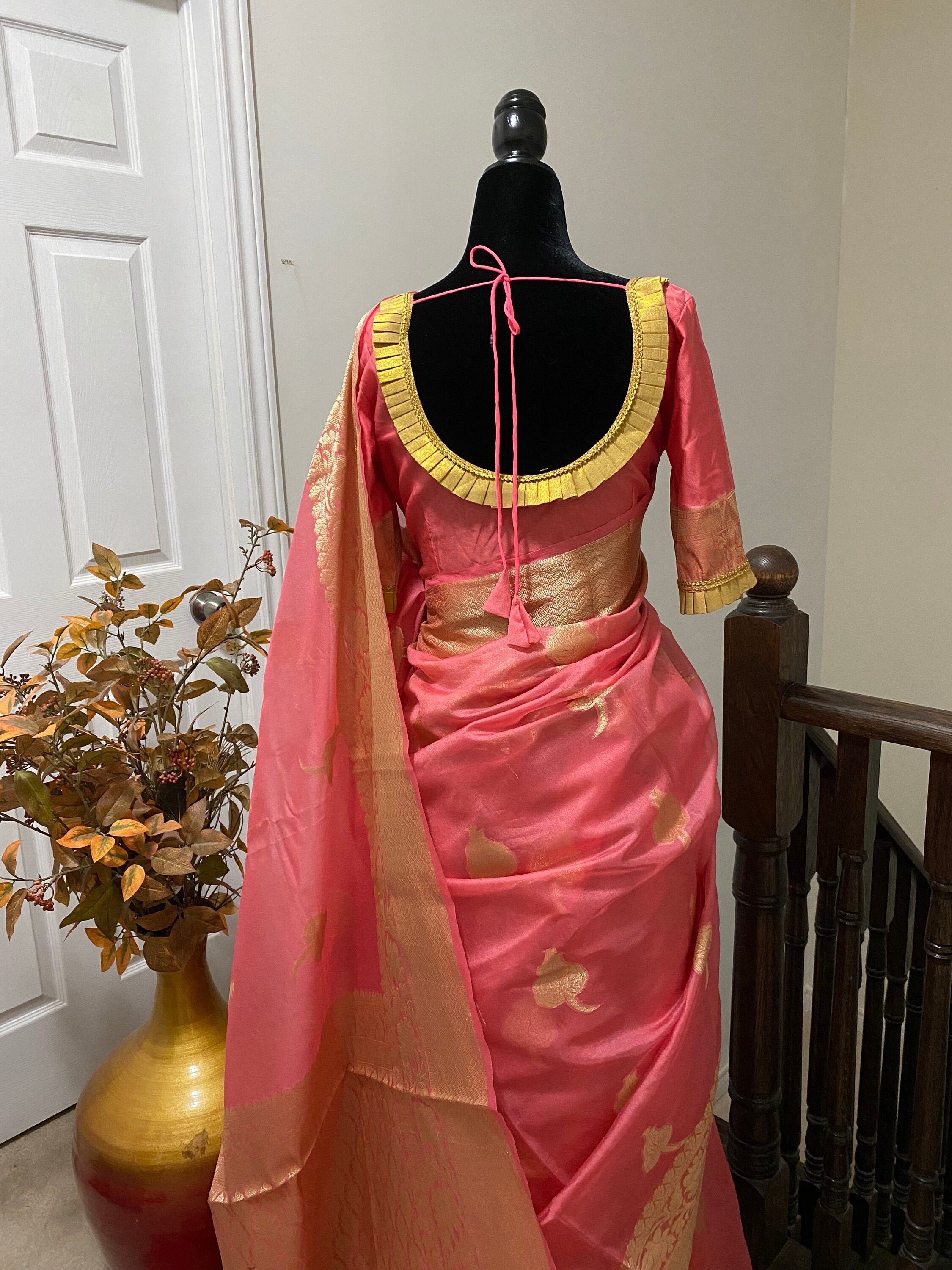 Beautiful Soft Banarasi kora organza paired up with ready to wear pretty designer blouse fits to 32 to 46 size