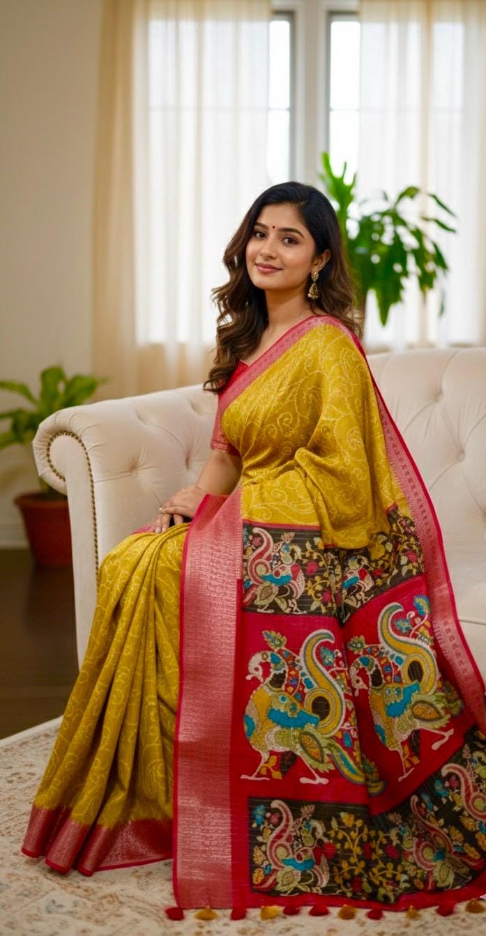 Beautiful Light weight Emarald silk saree  with Kanchi boarder  Bhandini prints ready blouse fits 32 to 46 with beautiful color combo