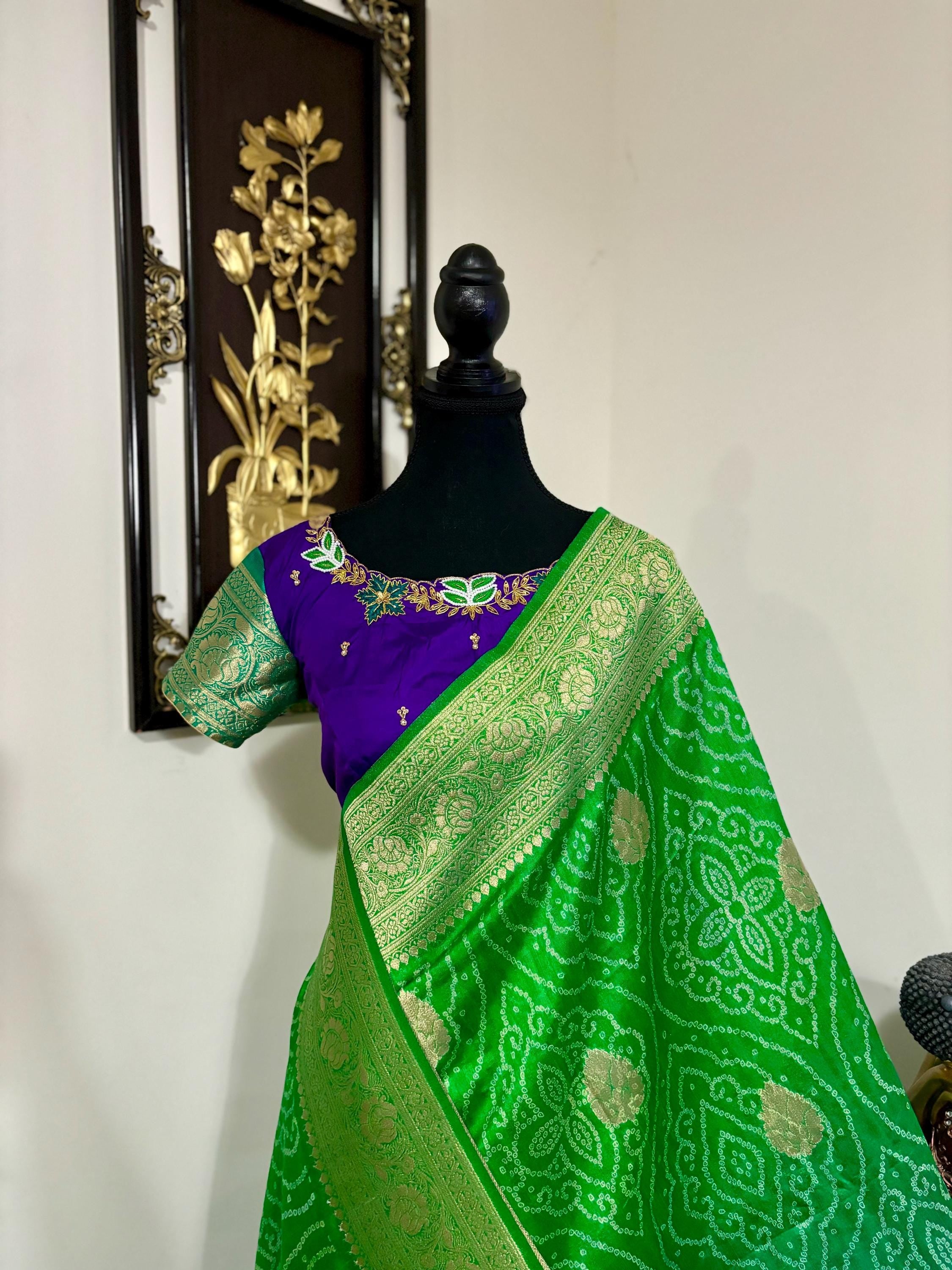 Beautiful cocktail dual shade banarasi  bandhini silk saree paired up pretty maggam blouse fits  sizes 32 -46 ready to wear prettiest blouse