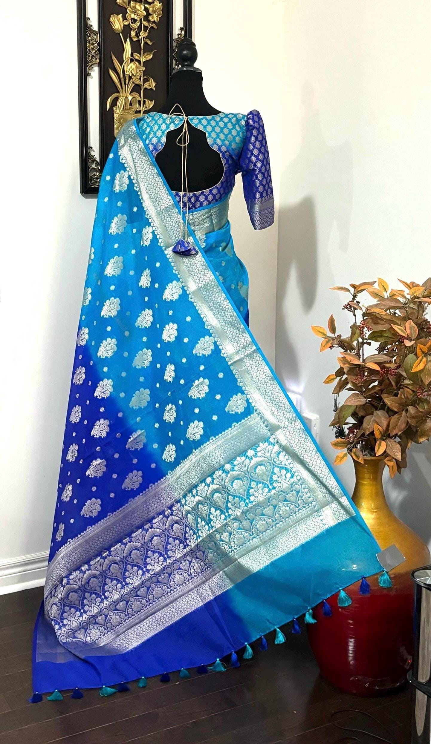 Banarasi dual shade handloom khadi georgette silk saree all over beautiful water zari weaving beautiful combinations, any color possible