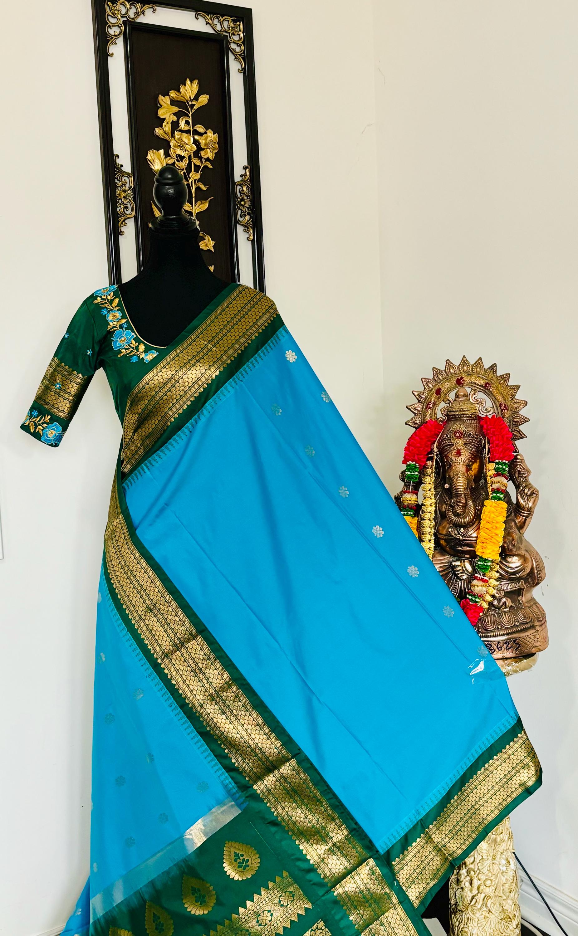 Gadwal  fancy powerloom pure silk sarees ready to wear blouse with embroidered blouse fits up to 32 -46 saree is ready fall pico done