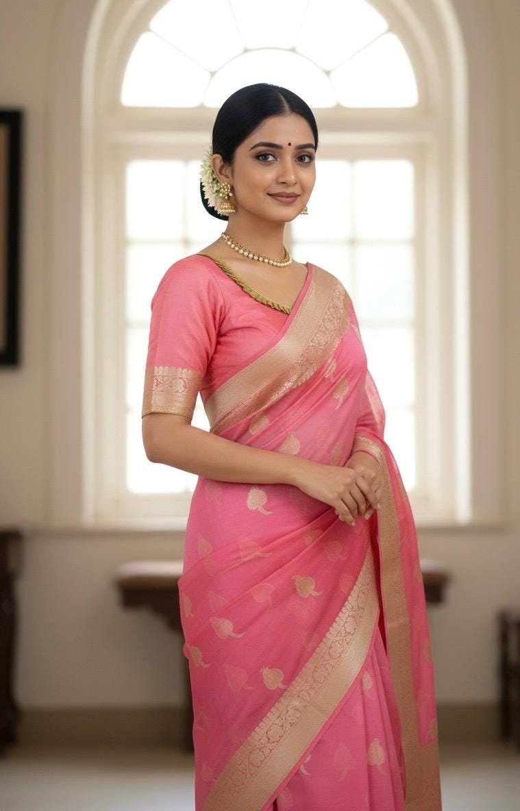 Beautiful Soft Banarasi kora organza paired up with ready to wear pretty designer blouse fits to 32 to 46 size