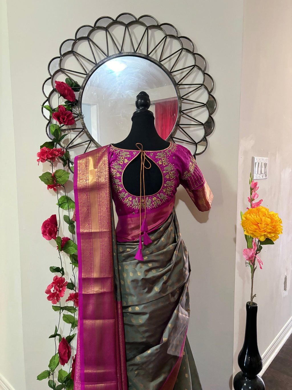 Kanchipuram soft silk saree in rarecolors with beautifully done hand  made embroidered blouse with readytowear work blouse fitsup to32 to 46