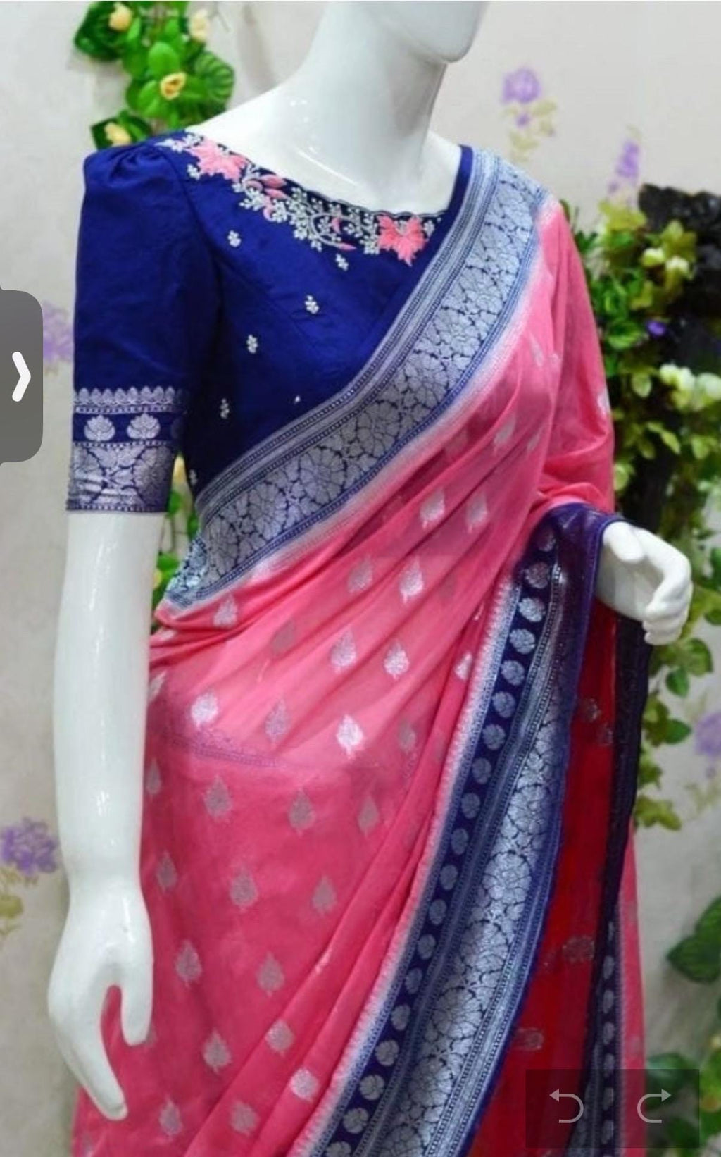 Beautiful banarasi kattan saree paired up with pretty maggam work blouse.
