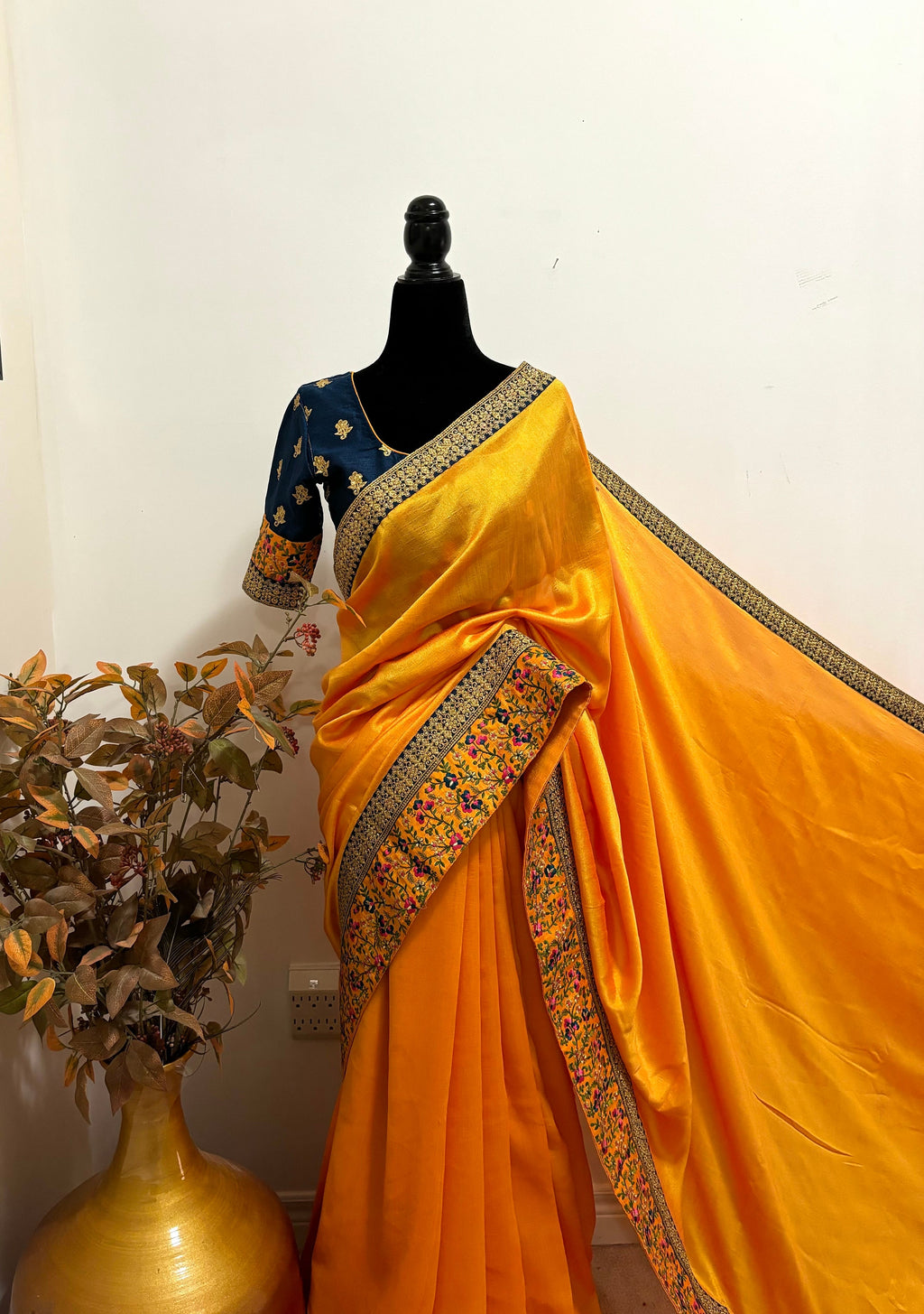 Designer soft Crape  silk Saree with beautiful work boarder / ready to wear Maggam work blouse fits to 32 to 46 .Saree is ready fall andpico