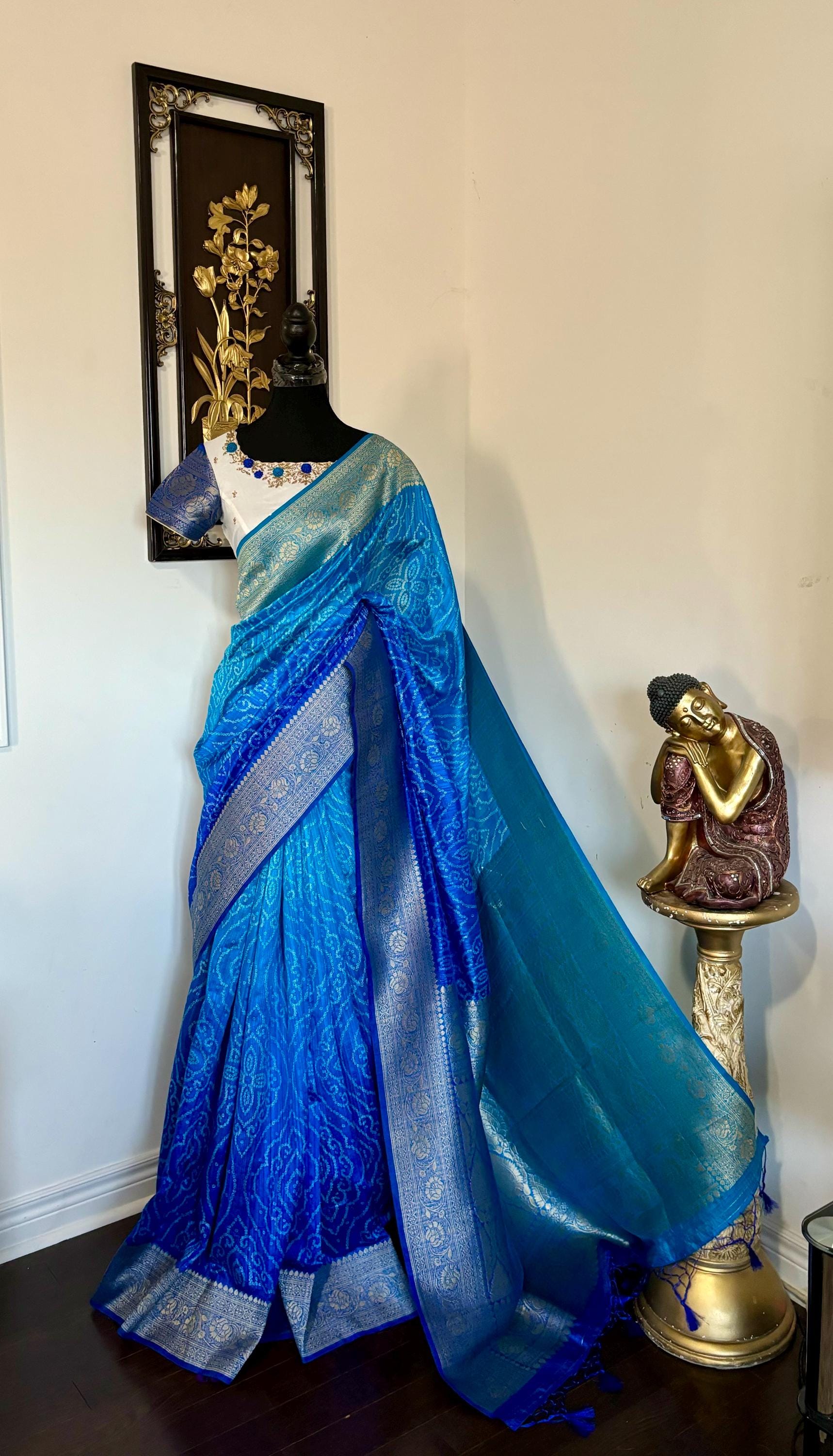 Beautiful cocktail dual shade banarasi  bandhini silk saree paired up pretty maggam blouse fits  sizes 32 -46 ready to wear prettiest blouse