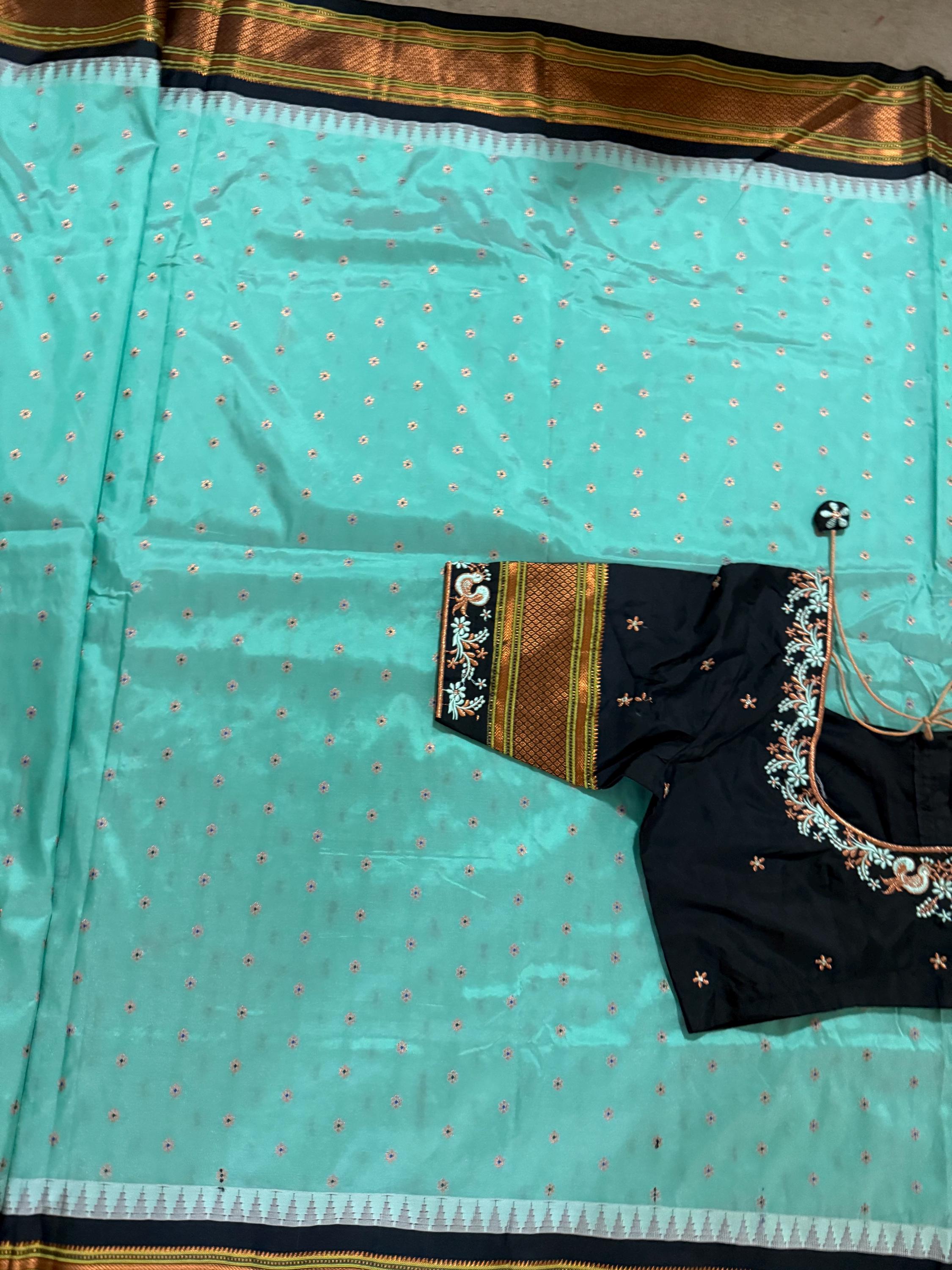 Gadwal Handloom pure silk sarees in rare colors and ready to wear blouse with embroidered blouse fits up to 32 -46 saree is ready fall pico