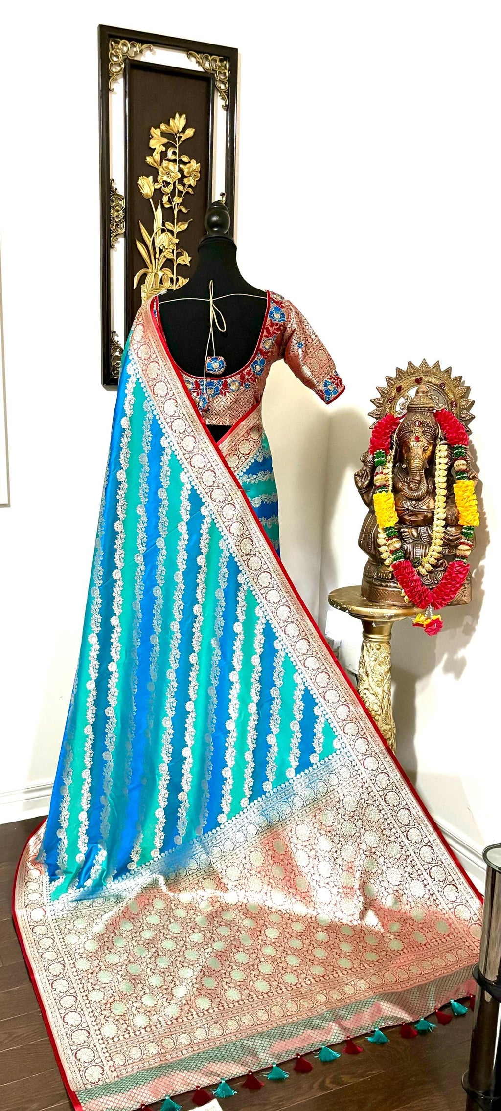 Pure silk  banarasi silk saree paired up with beautiful embroidery blouse fits to 32 to 46 in beautiful rare colors all over jaal. Cocktails