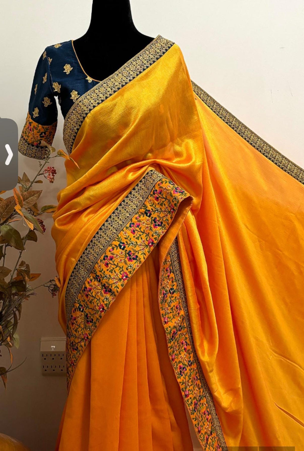 Designer soft Crape  silk Saree with beautiful work boarder / ready to wear Maggam work blouse fits to 32 to 46 .Saree is ready fall andpico