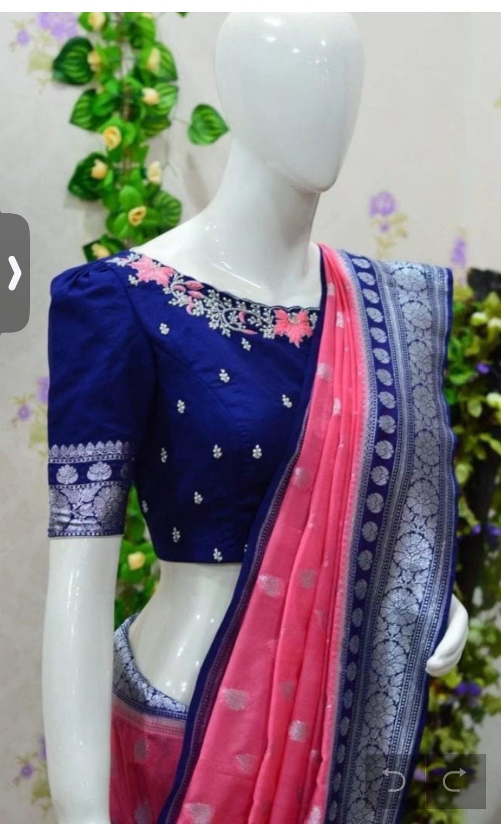 Beautiful banarasi kattan saree paired up with pretty maggam work blouse.