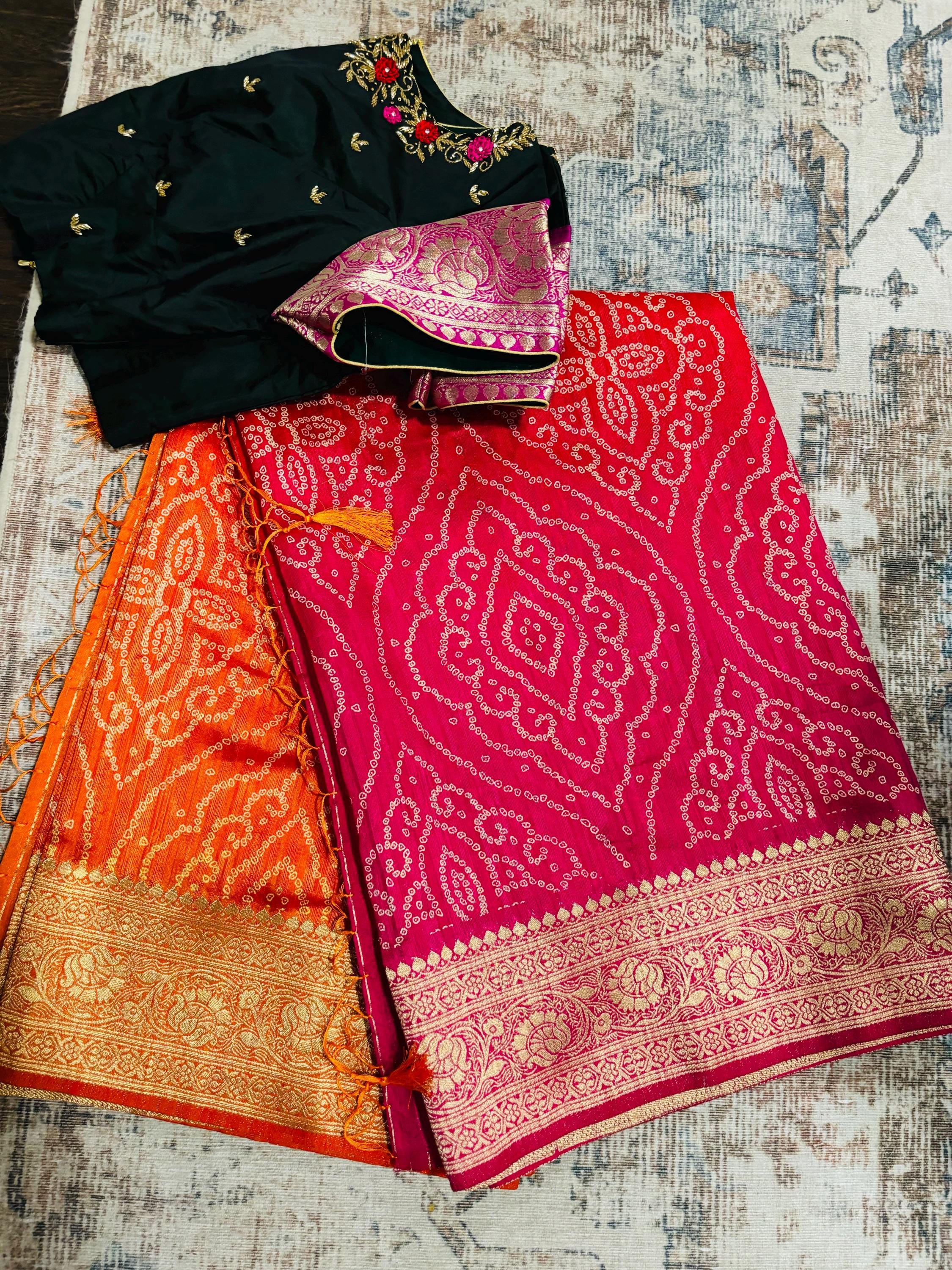 Beautiful cocktail dual shade banarasi  bandhini silk saree paired up pretty maggam blouse fits  sizes 32 -46 ready to wear prettiest blouse