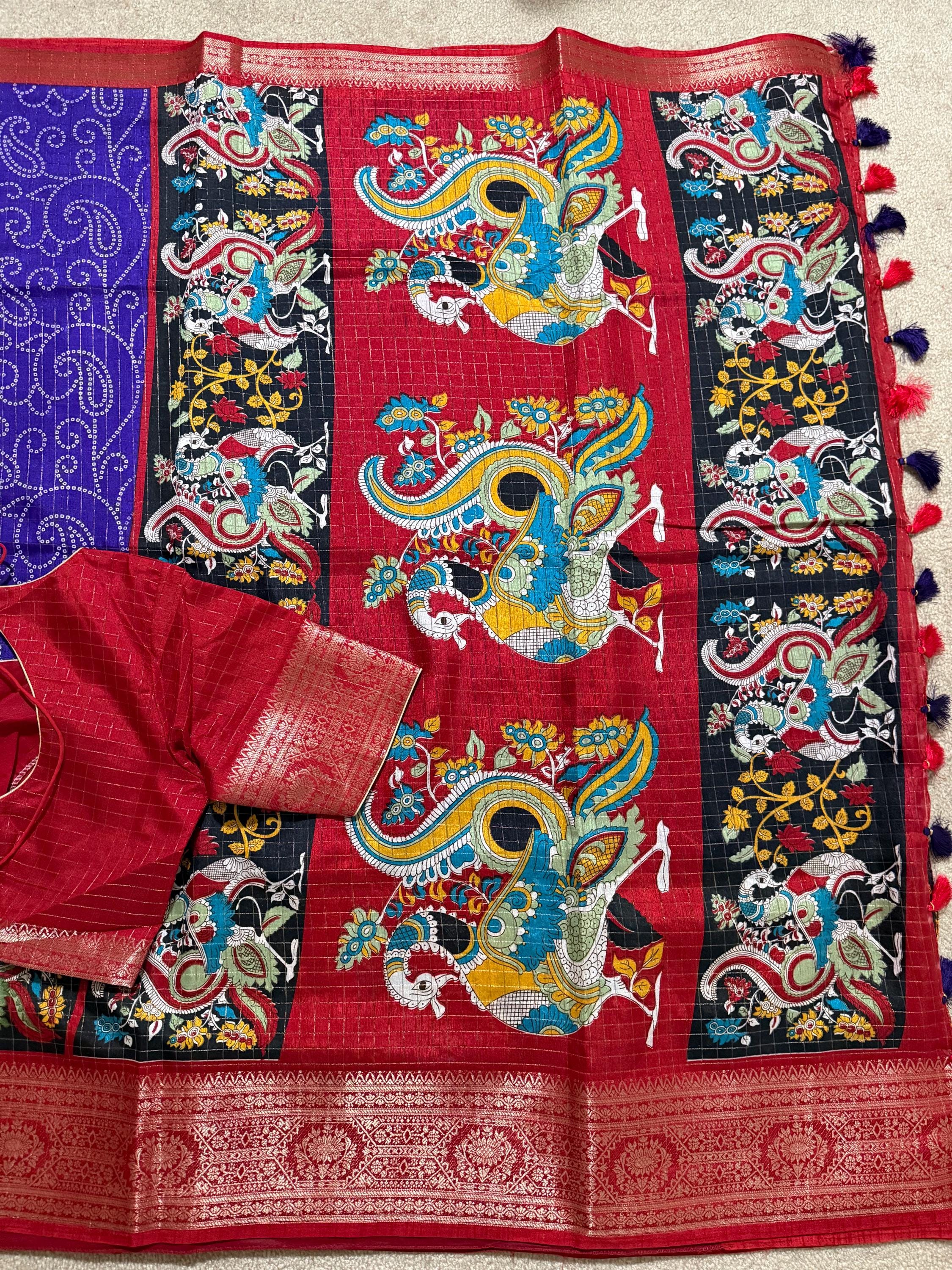 Beautiful Light weight Emarald silk saree  with Kanchi boarder  Bhandini prints ready blouse fits 32 to 46 with beautiful color combo