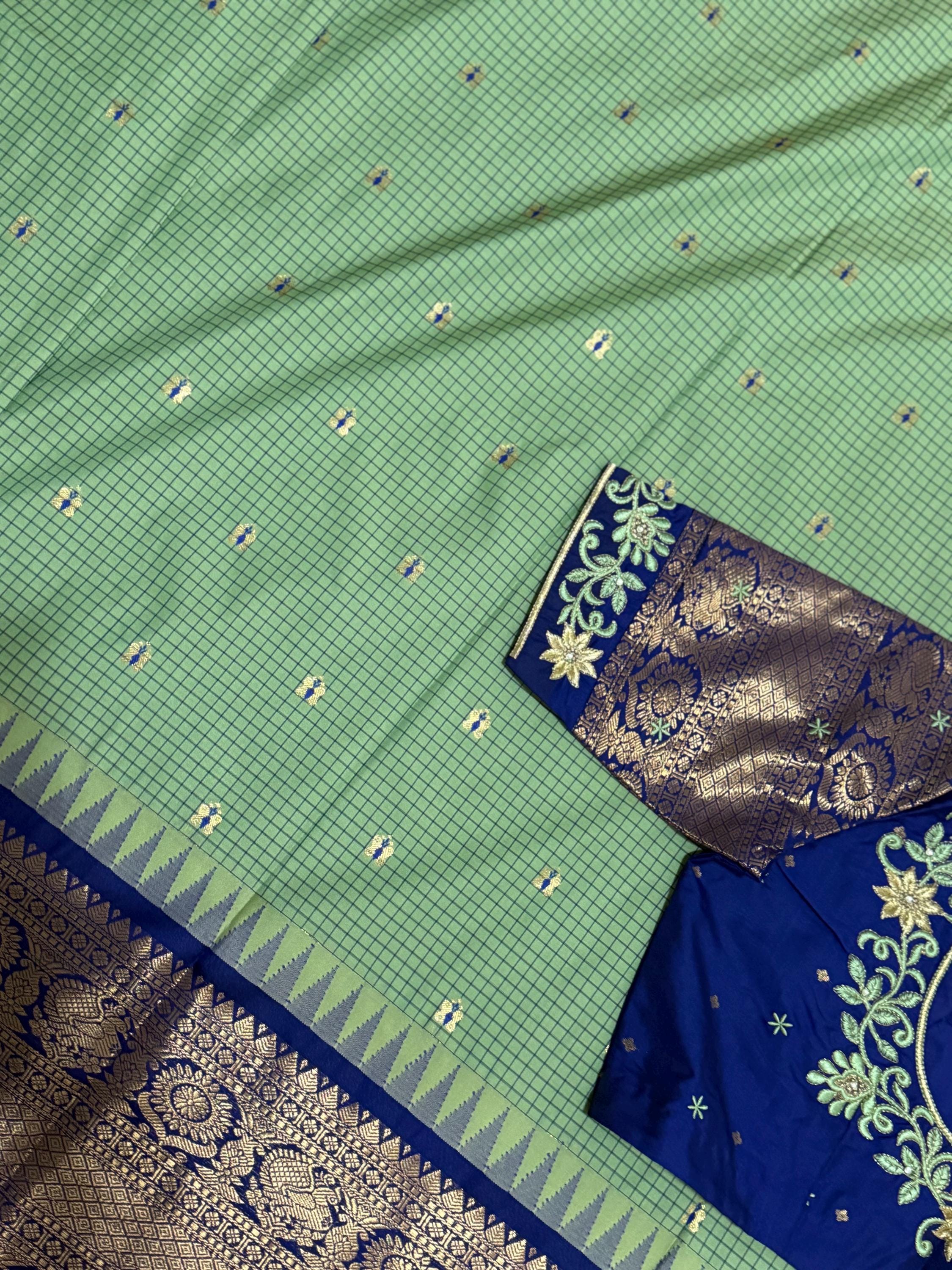 Gadwal Handloom pure silk sarees in rare colors and ready to wear blouse with embroidered blouse fits up to 32 -46 saree is ready fall pico