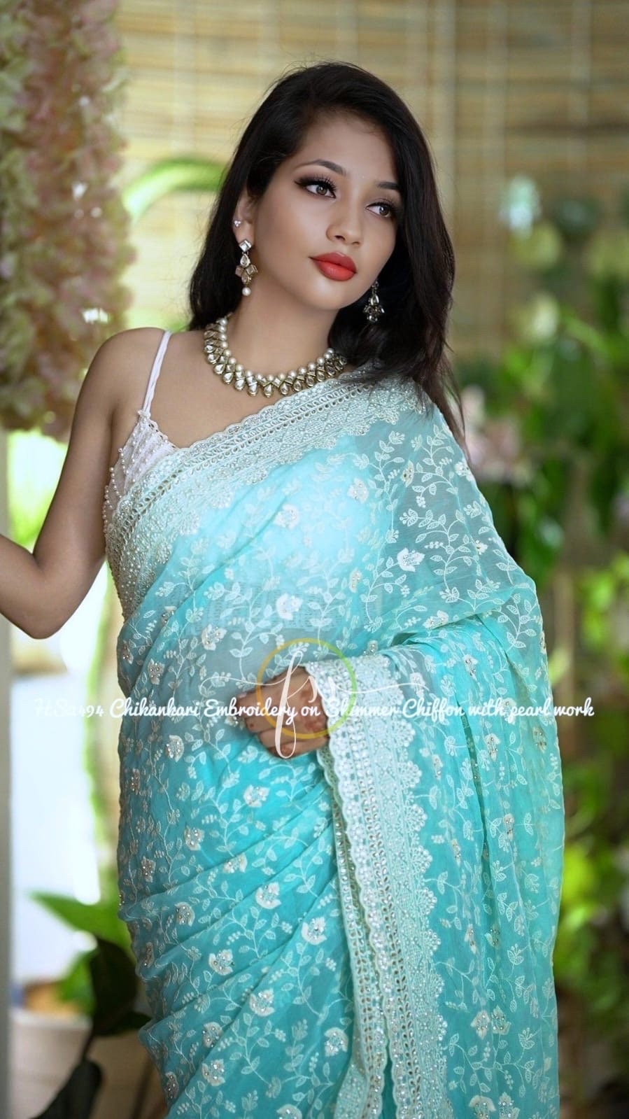 Stunning shimmer georgette saree with Chikenkari work ask seller for availability before placing the order