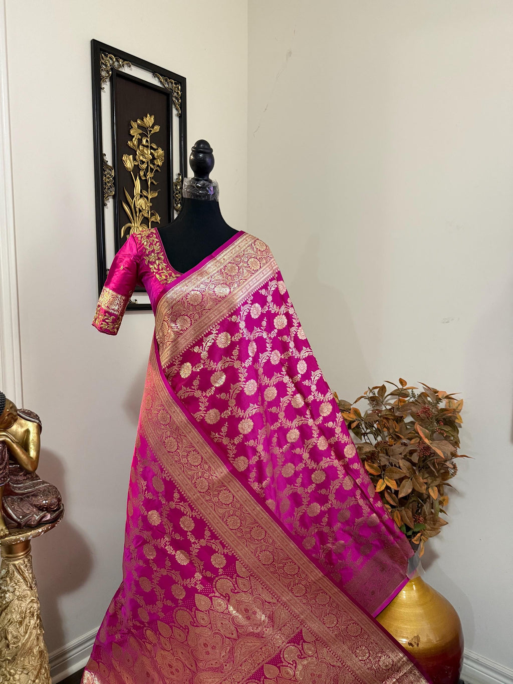 Royal Banarasi Silk Saree in Magenta Pink Ready-to-Wear Premium Edition ready to wear Blouse 34 to 46 size