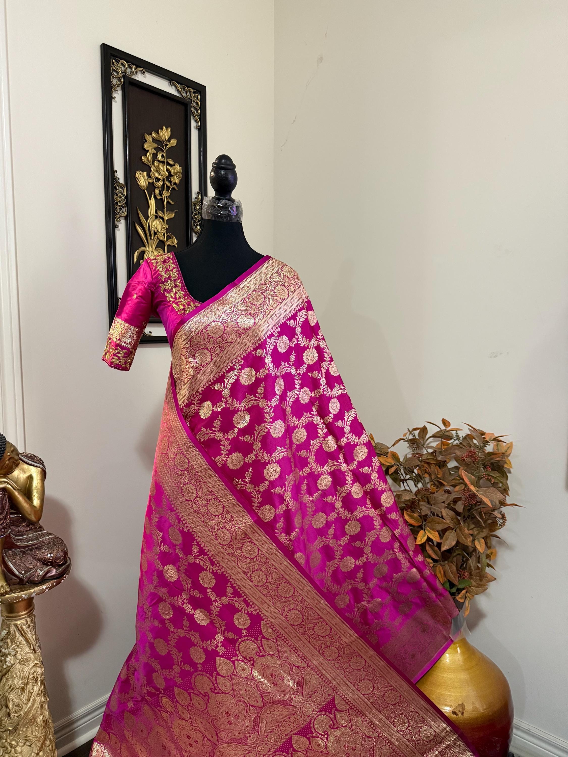 Royal Banarasi Silk Saree in Magenta Pink Ready-to-Wear Premium Edition ready to wear Blouse 34 to 46 size