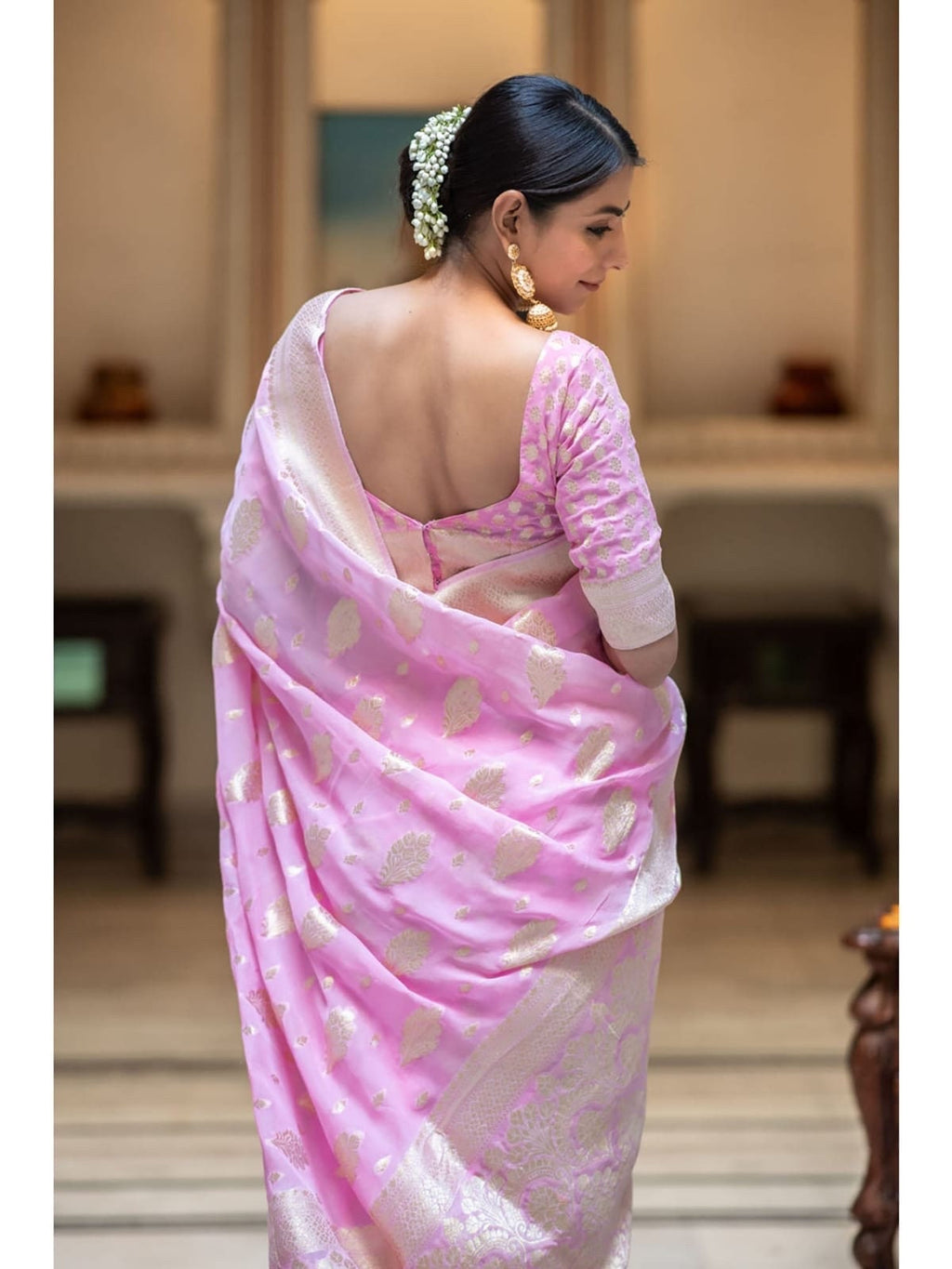 Banarasi handloom khadi georgette silk soft falling saree all over beautiful water zari weaving work any color possible ready to wear blouse