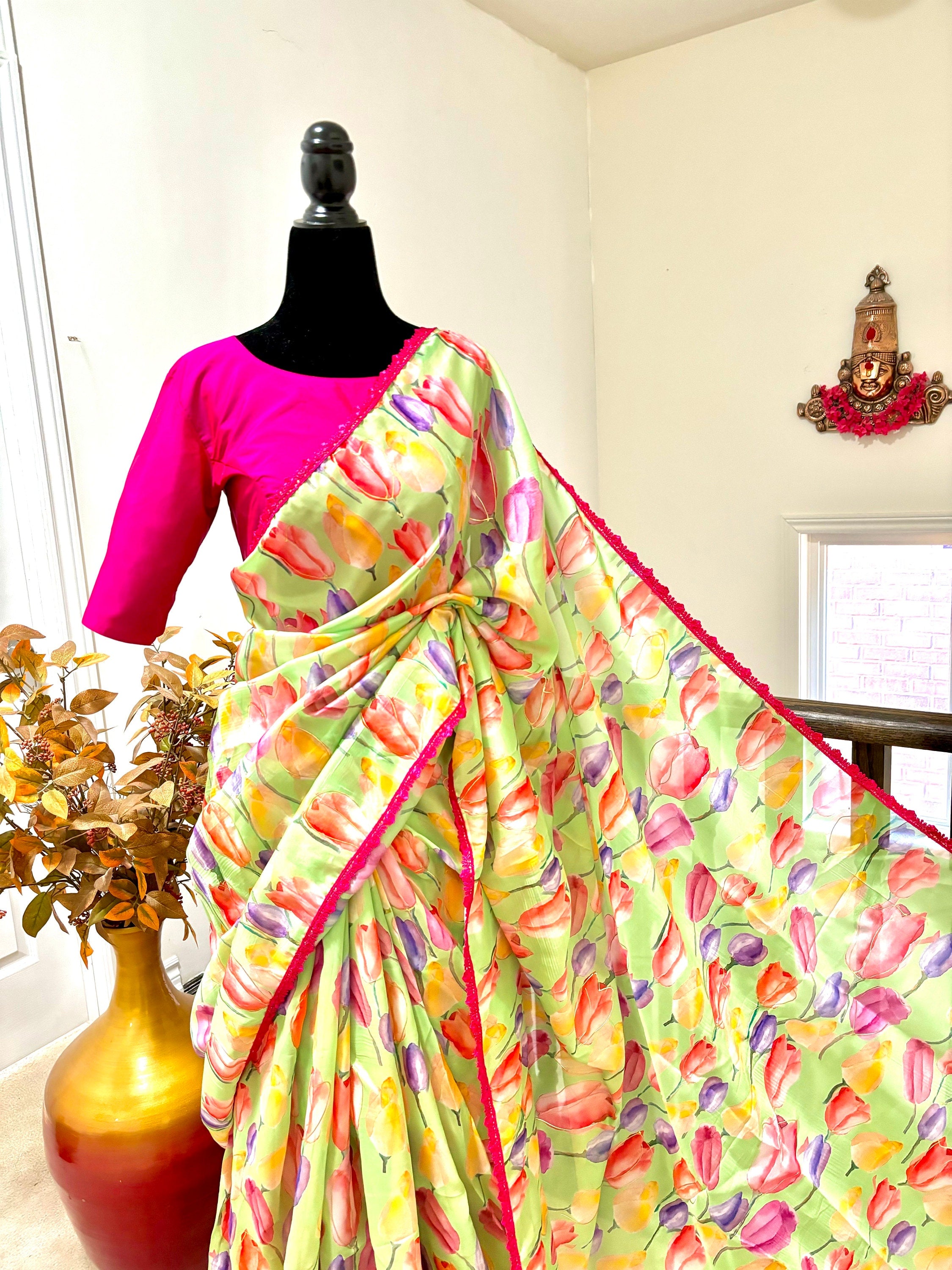 Beautiful Designer floral soft Organza Saree with beautiful lace ready to wear designer blouse fits to 32 to 46