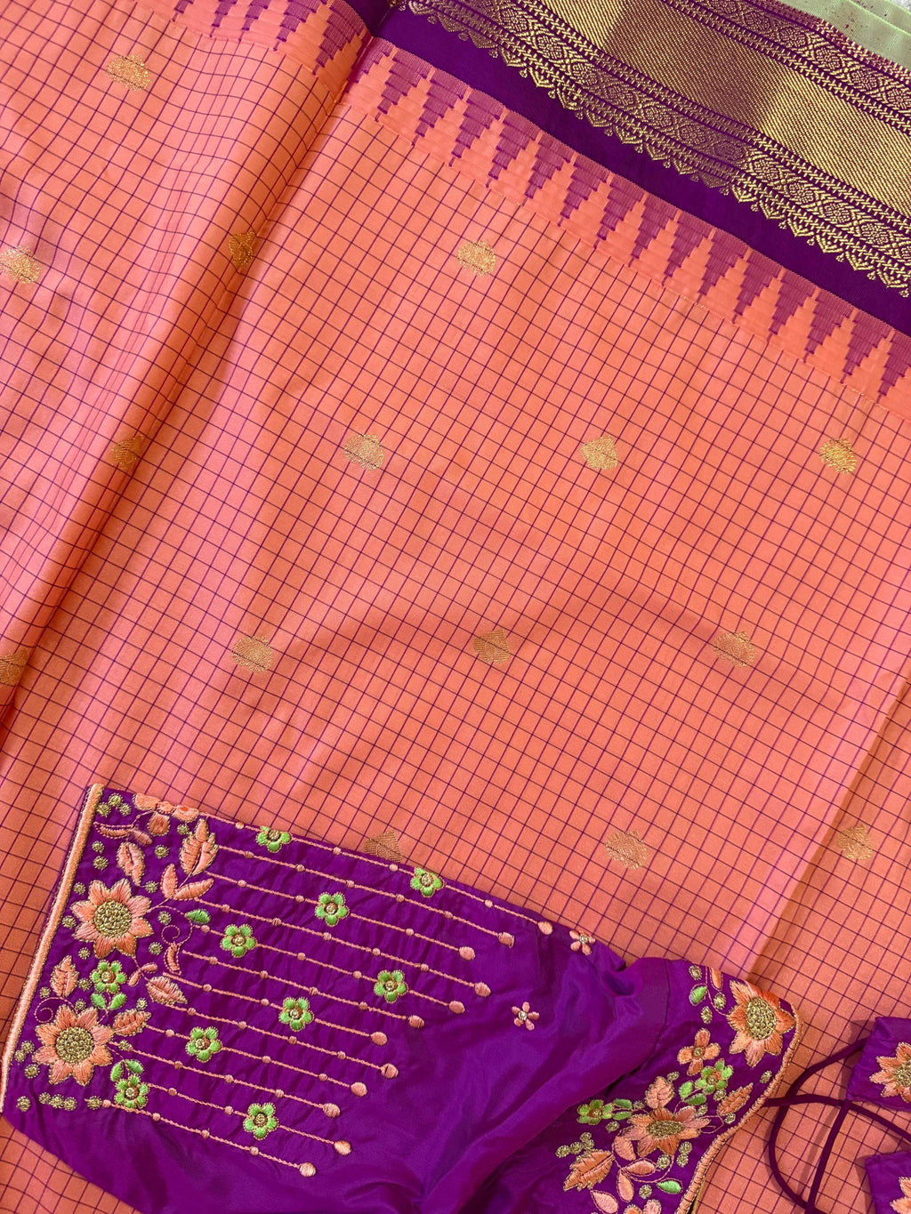 Gadwal Handloom pure silk sarees in rare colors and ready to wear blouse with embroidered blouse fits up to 32 -46 saree is ready fall pico
