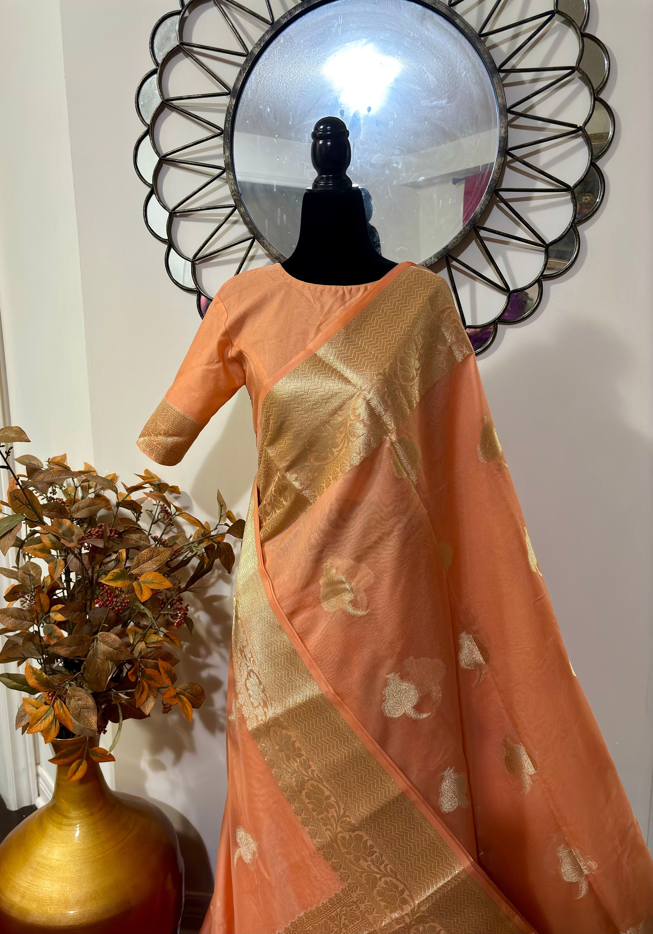Banarsi fancy beautiful kora organza double zari silk saree very soft ant flowy ready to wear designer blouse fits 32-46  eye cooling shades