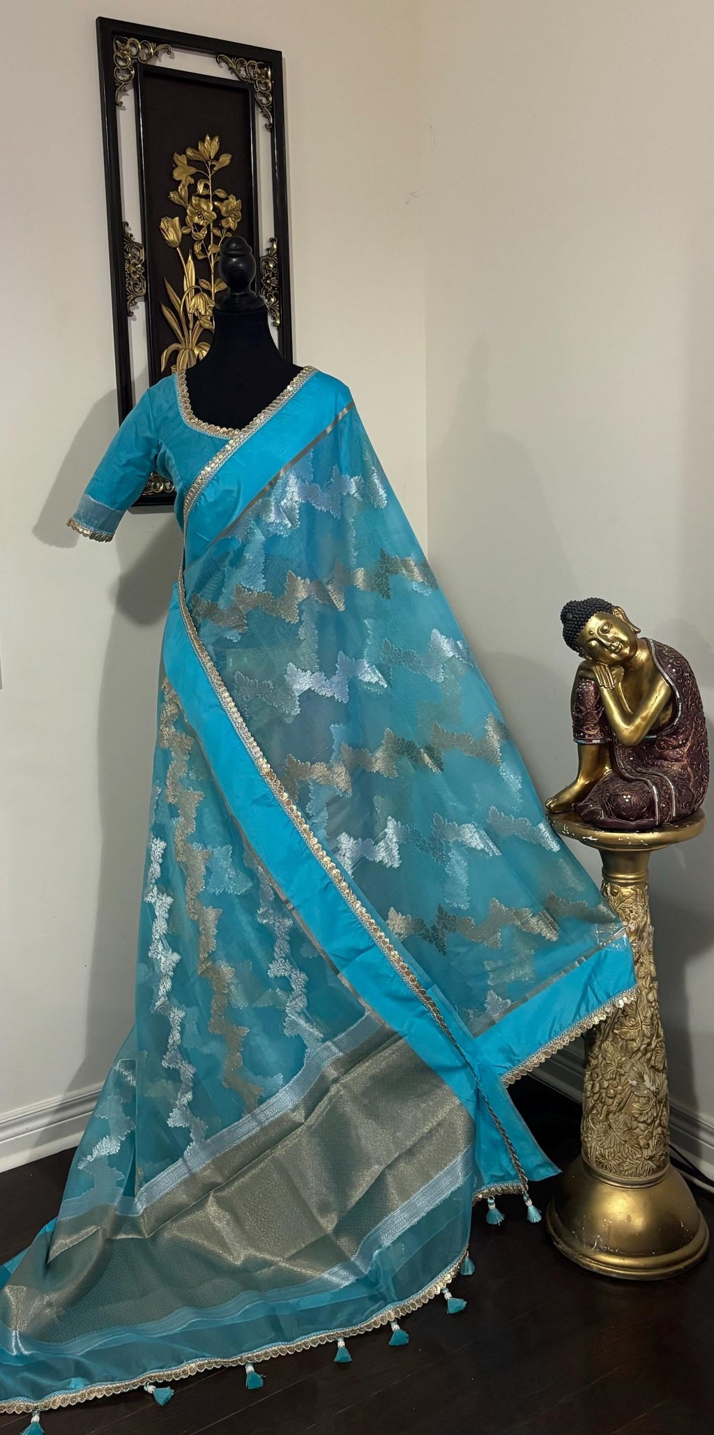 Banarsi fancy beautiful kora organza double zari silk saree very soft ant flowy ready to wear designer blouse fits 32-46  eye cooling shades