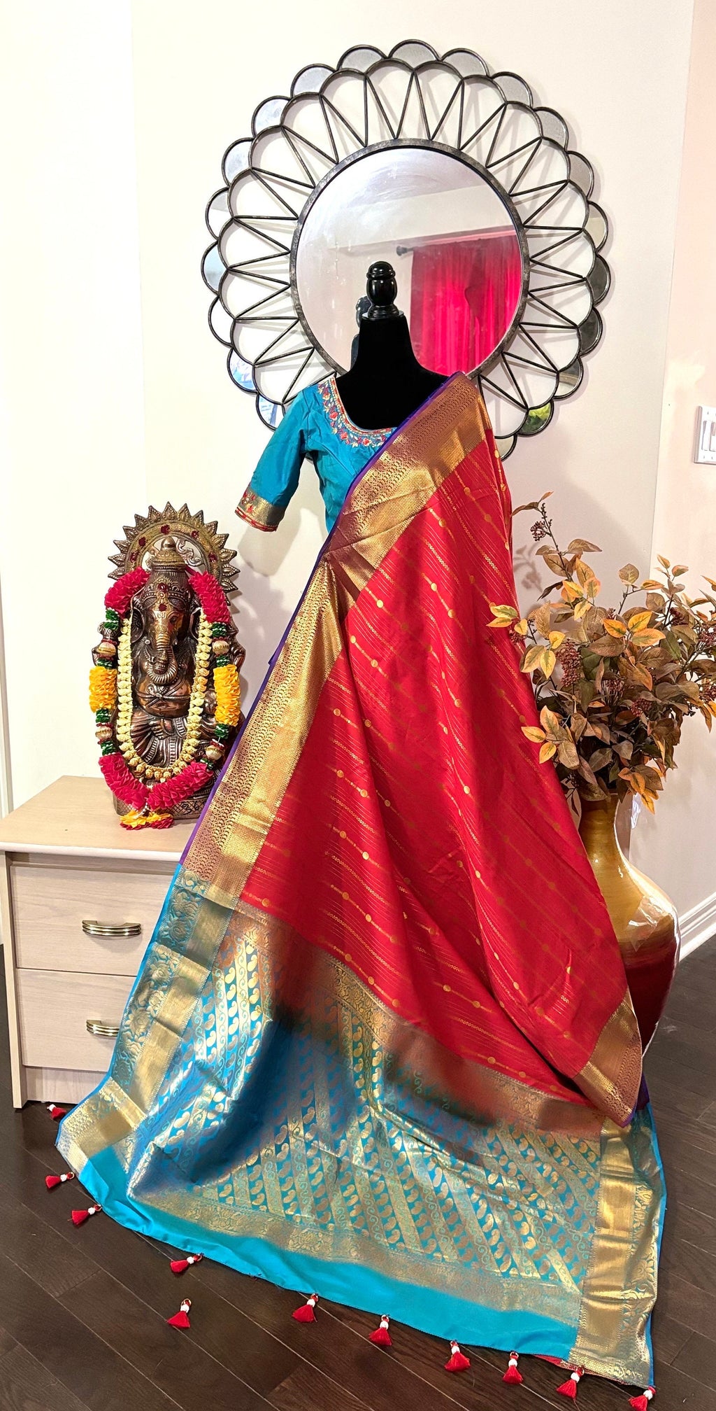 Kanchipuram soft silk saree in rarecolors with beautifully done hand  made embroidered blouse with readytowear work blouse fitsup to32 to 46