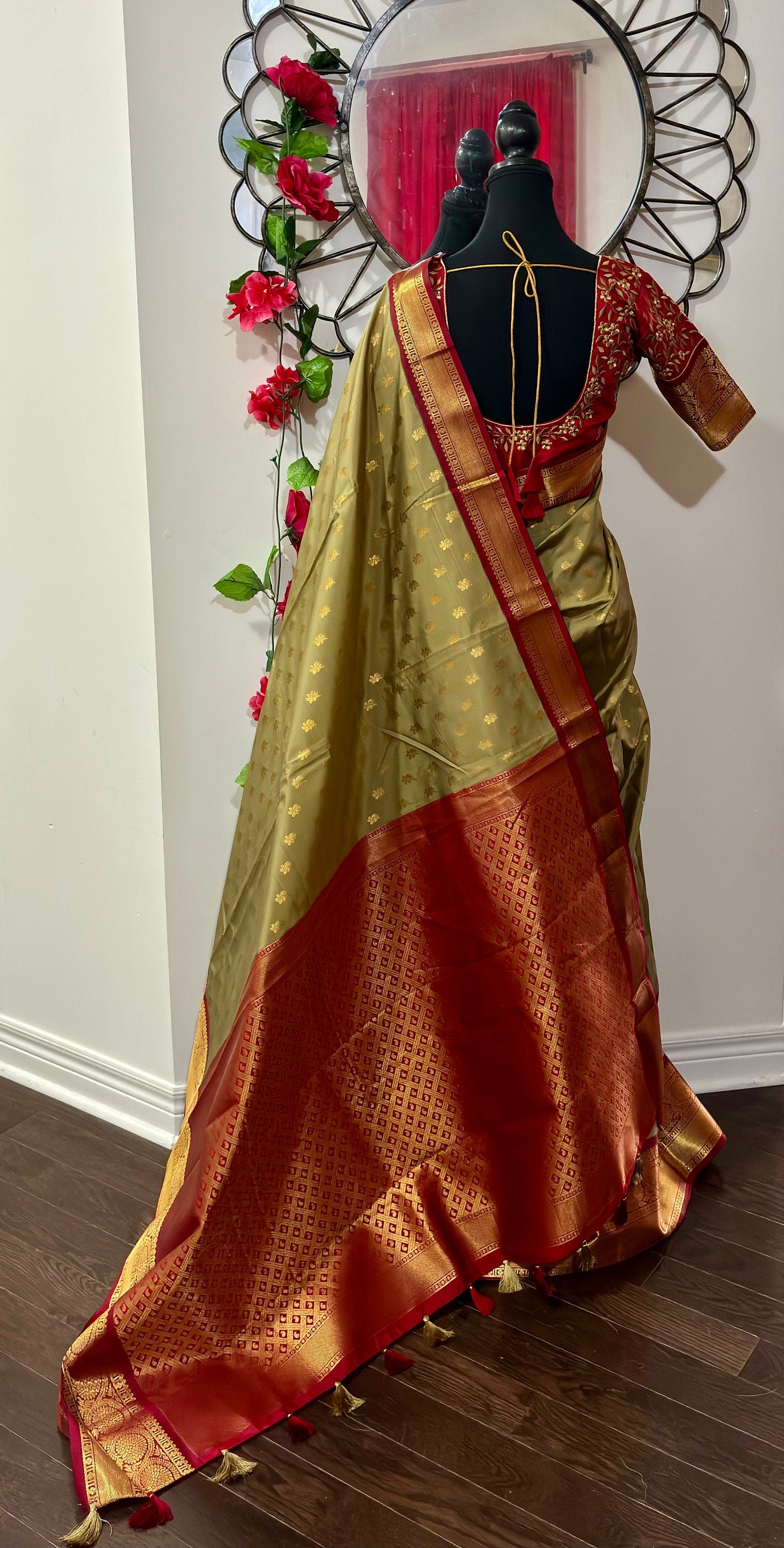 Kanchipuram soft silk saree in rarecolors with beautifully done hand  made embroidered blouse with readytowear work blouse fitsup to32 to 46