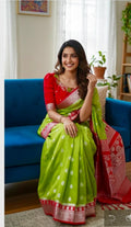 Beautiful banarasi saree paired up with pretty maggam work blouse.