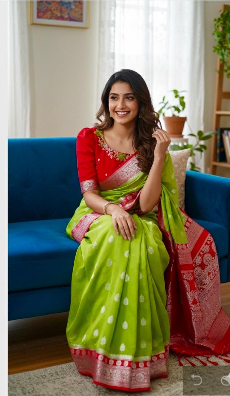 Beautiful banarasi saree paired up with pretty maggam work blouse.