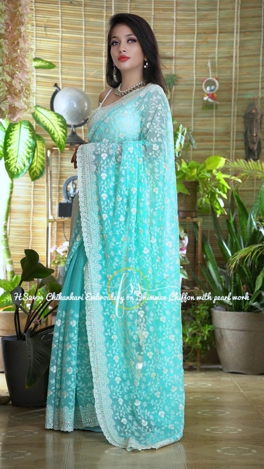 Stunning shimmer georgette saree with Chikenkari work ask seller for availability before placing the order