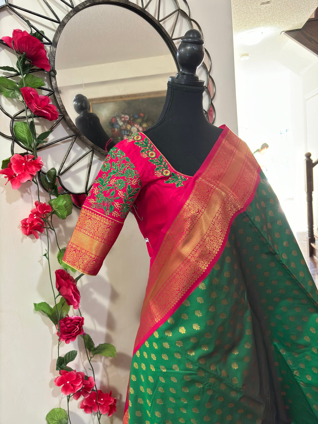 Kanchipuram soft silk saree in rarecolors with beautifully done hand  made embroidered blouse with readytowear work blouse fitsup to32 to 46