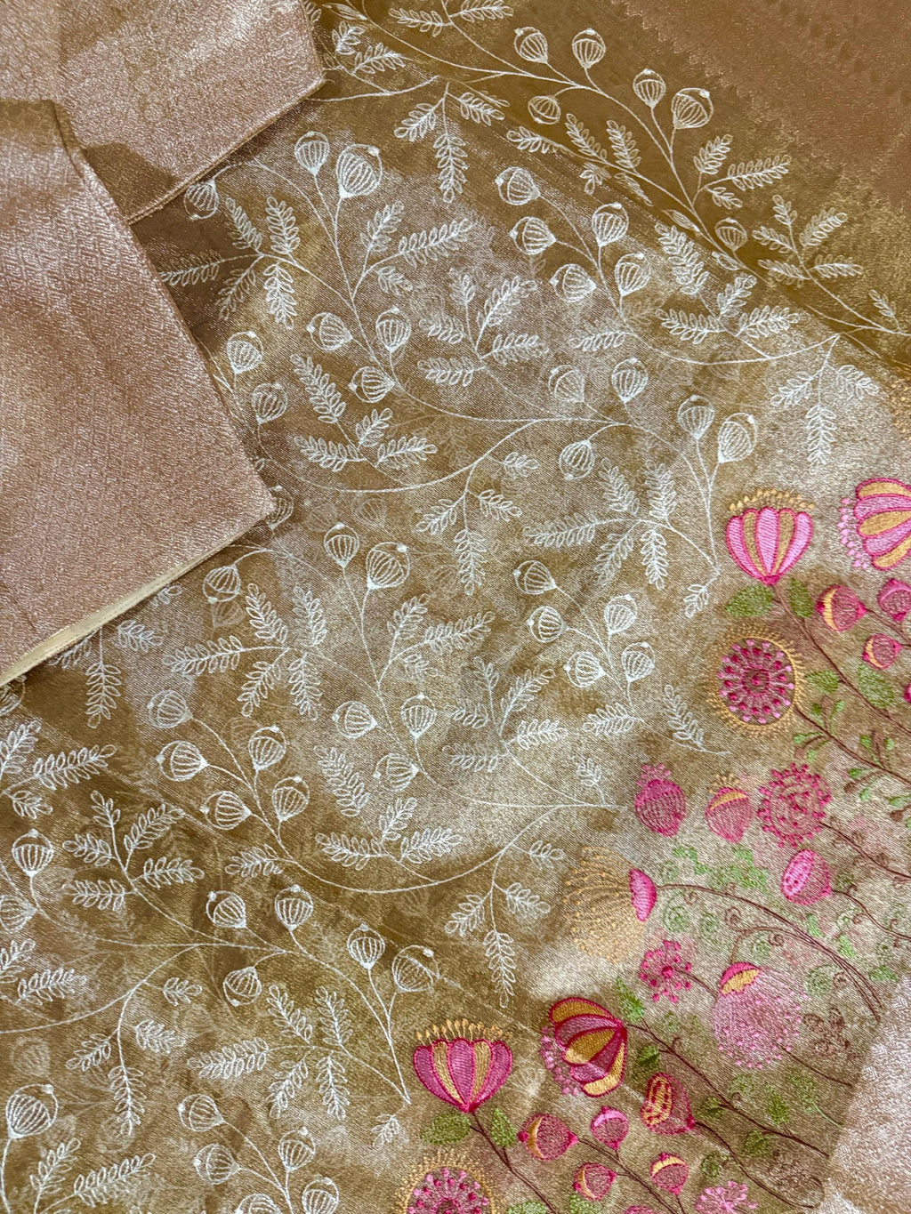 Beautiful gold tissue silk saree with all over embroidered floral design all over saree ready to wear designer blouse fits to 32-46
