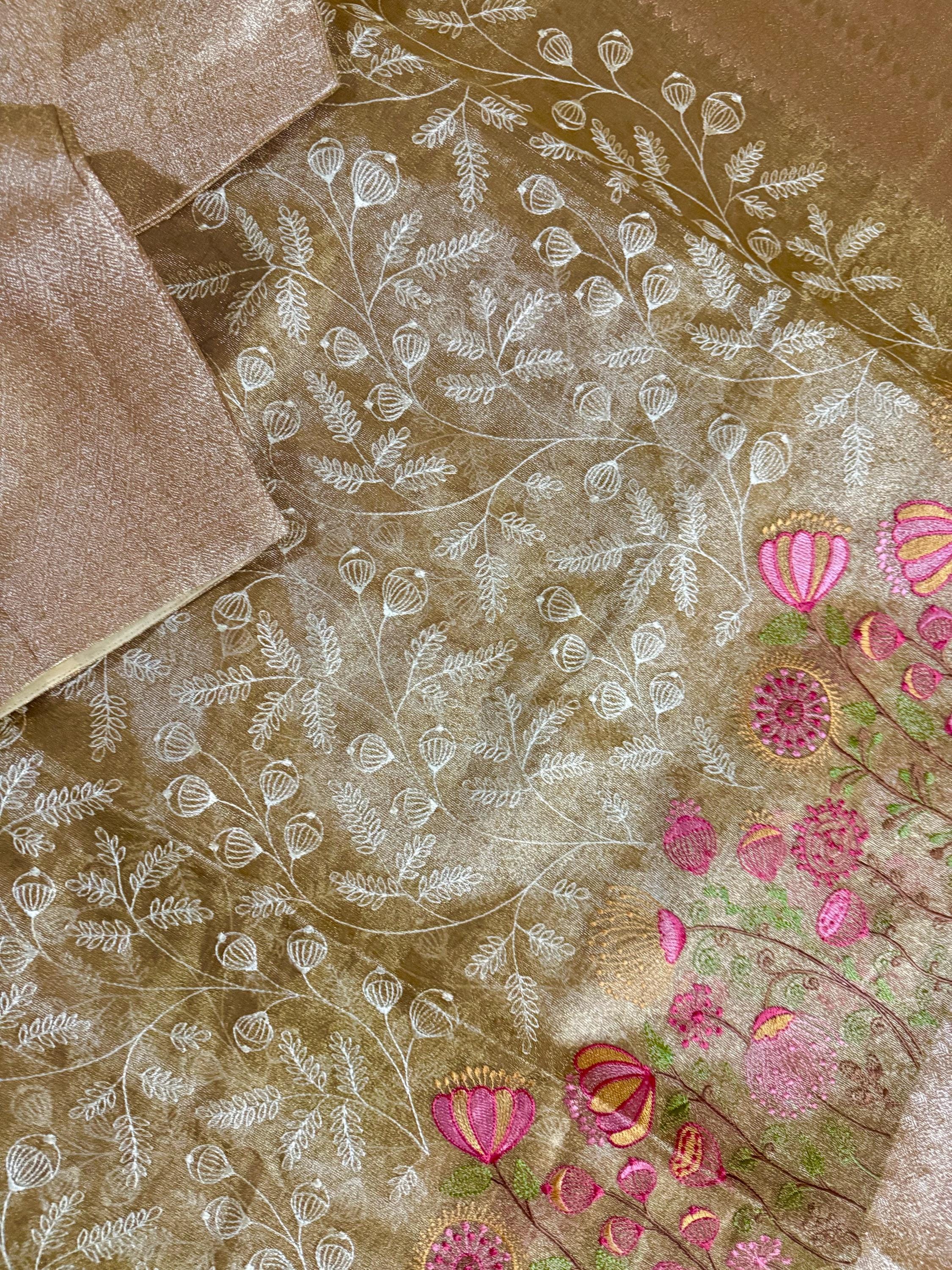 Beautiful gold tissue silk saree with all over embroidered floral design all over saree ready to wear designer blouse fits to 32-46