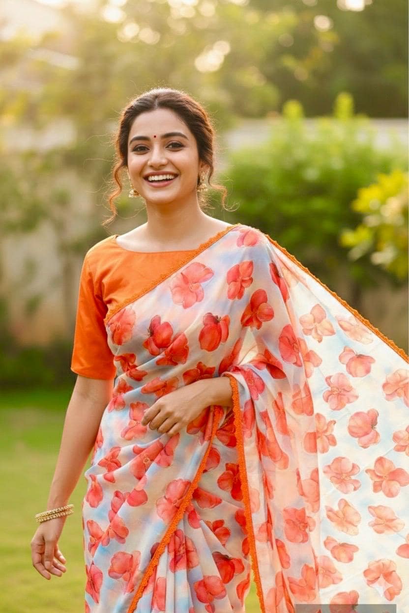 Beautiful Designer floral soft Organza Saree with beautiful lace ready to wear designer blouse fits to 32 to 46