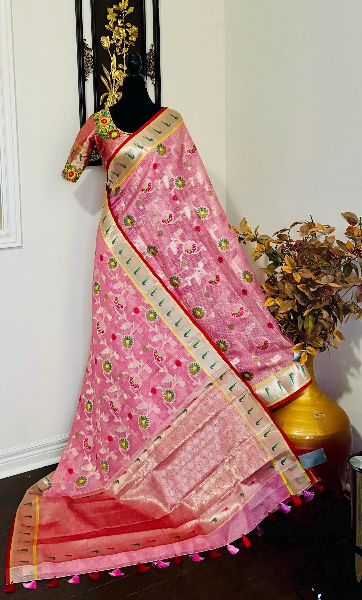 Beautiful Tissue Zari Kota saree with pythani  Zari boardes and beautifully done blouse paired up with pretty blouse fits up to 32 to 46